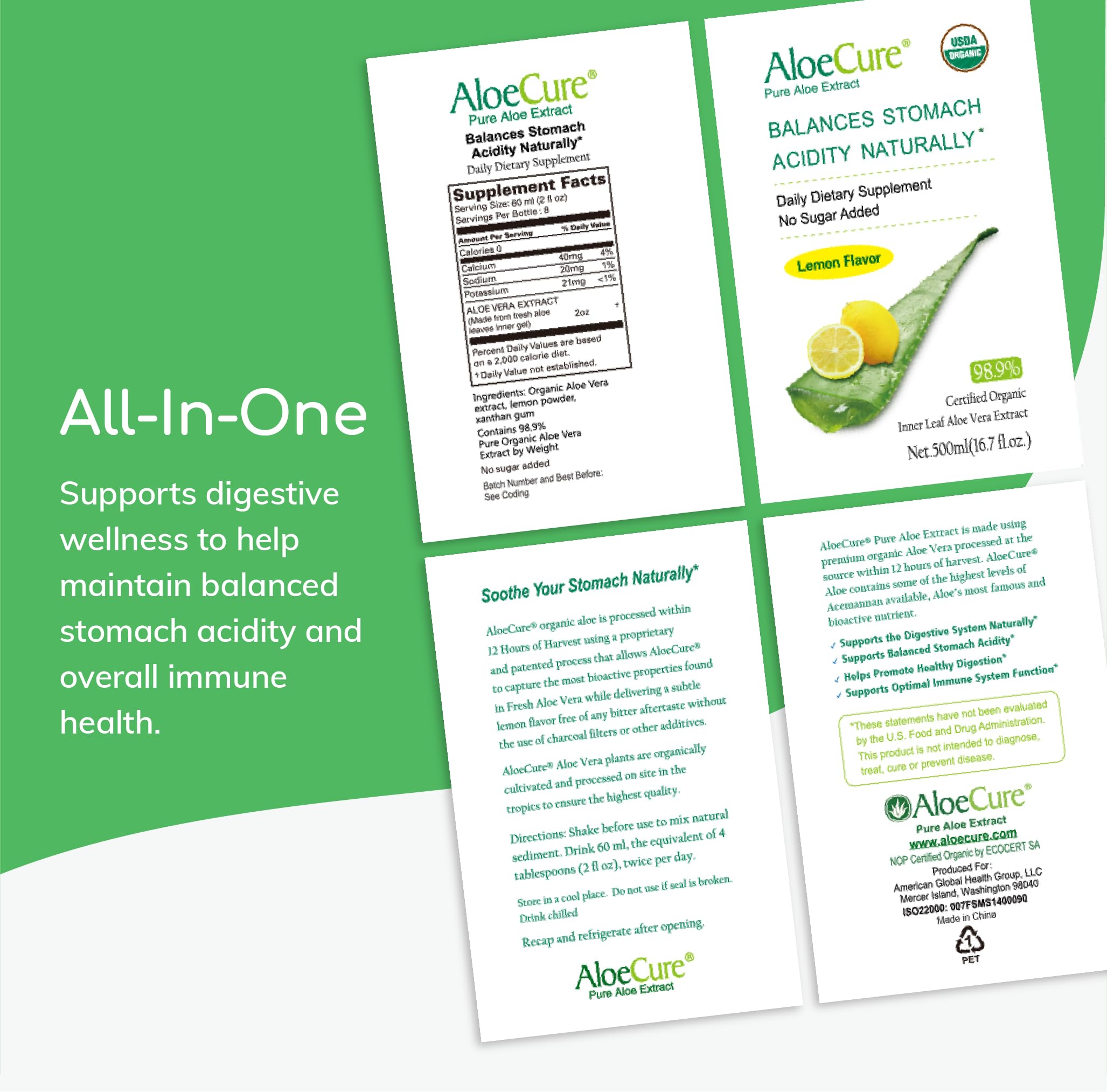 Foto 6 | Jugo de Aloe Vera Orgánico Aloecure Sabor Limón 500 ml - Venta Internacional