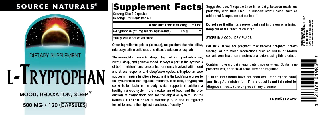 Foto 5 pulgar | Suplement Source Naturals L-triptófano 500 Mg - 120 Cápsulas - Venta Internacional.