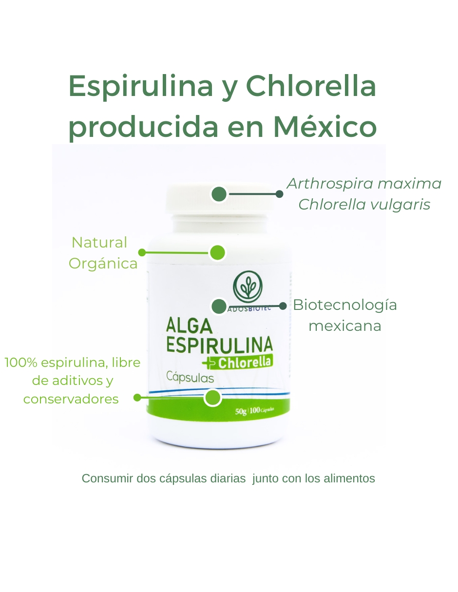 Foto 3 pulgar | Alga Espirulina + Chlorella Cápsulas Hadosbiotec 100 Cápsulas 50 Gr Ingredientes Naturales Sin Conservadores Ni Aditiv