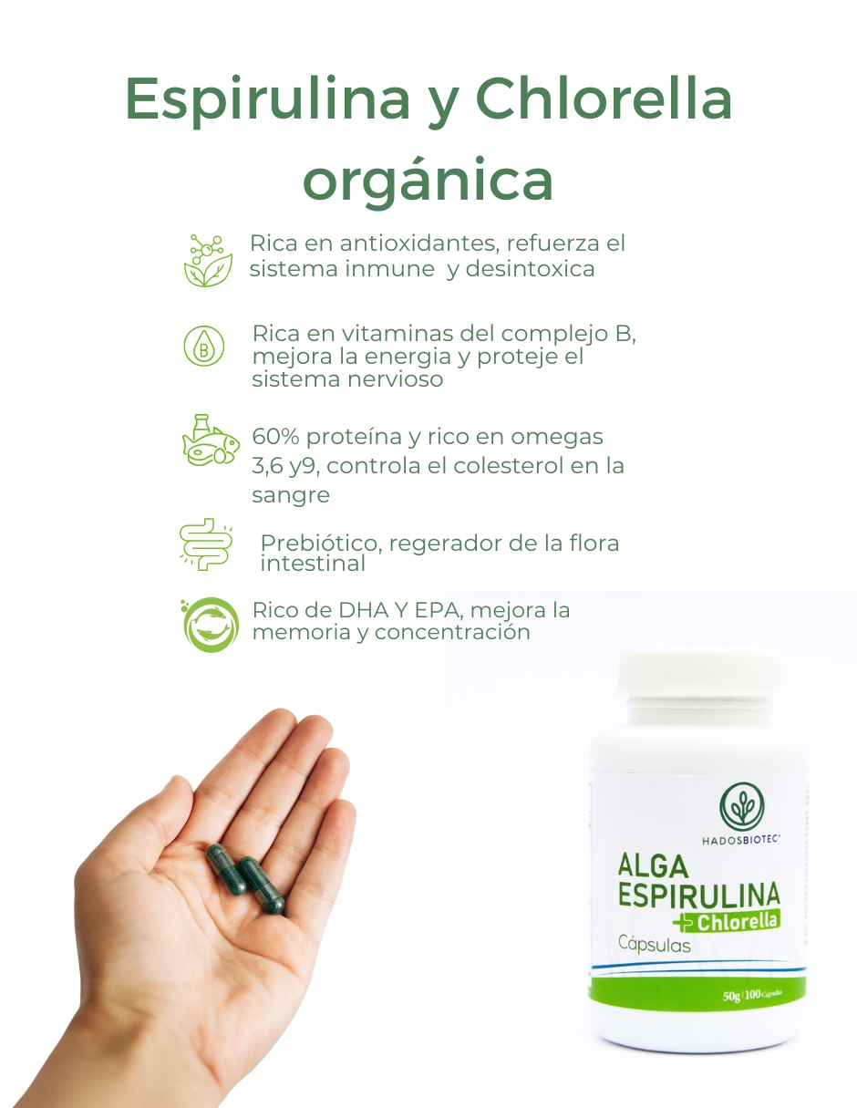 Foto 4 pulgar | Alga Espirulina + Chlorella Cápsulas Hadosbiotec 100 Cápsulas 50 Gr Ingredientes Naturales Sin Conservadores Ni Aditiv
