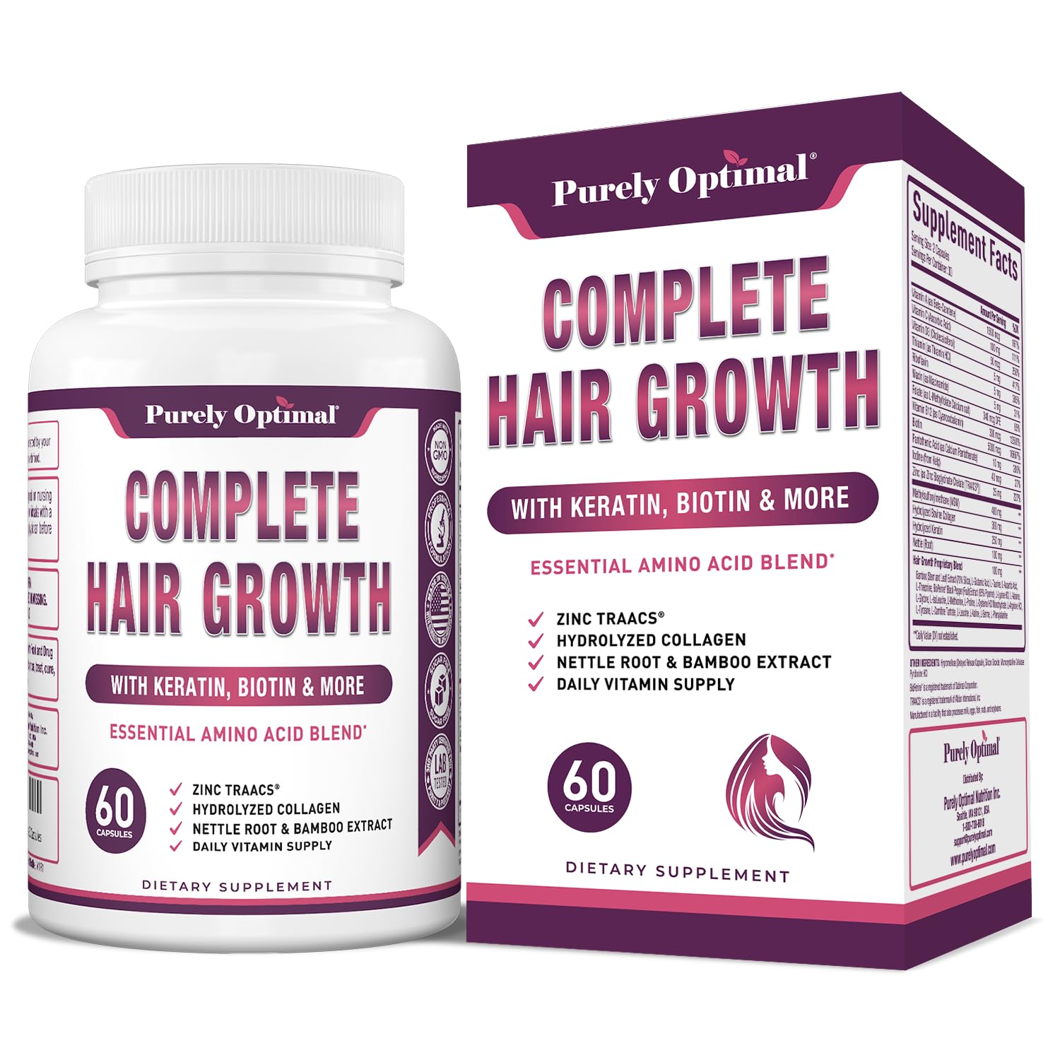 Foto 2 pulgar | Vitaminas Para El Crecimiento Del Cabello Purely Optimal, 60 Cápsulas Para Mujeres Y Hombres - Venta Internacional.