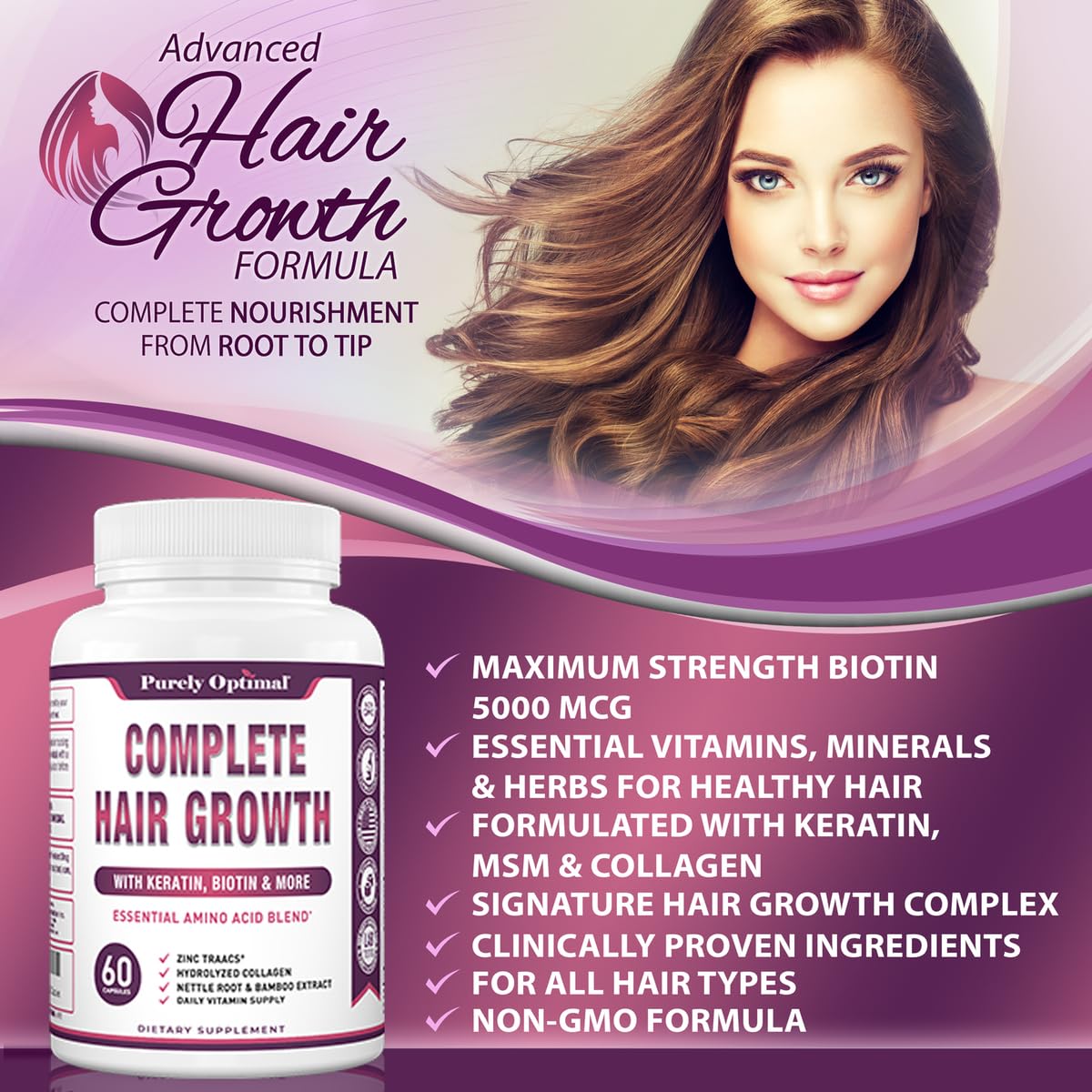 Foto 5 pulgar | Vitaminas Para El Crecimiento Del Cabello Purely Optimal, 60 Cápsulas Para Mujeres Y Hombres - Venta Internacional.