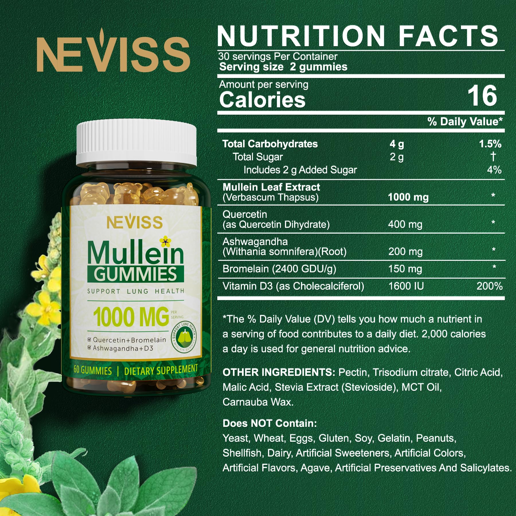 Foto 3 pulgar | Suplemento De Extracto De Hoja De Gordolobo Neviss, 1000 Mg, Paquete De 2 Gomitas - Venta Internacional.