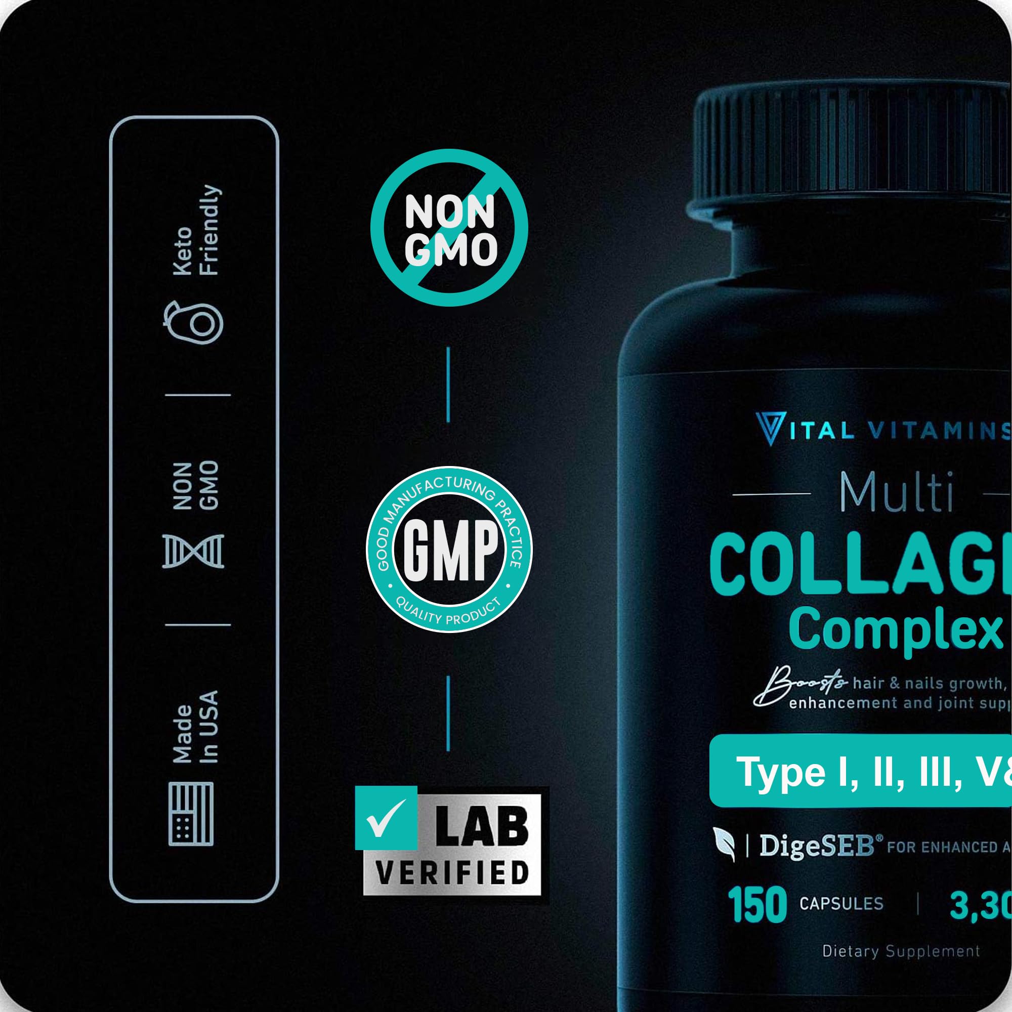 Foto 4 | Suplemento Vital Vitamins De Colágeno Tipo I, Ii, Iii, V, X, 300 Cápsulas - Venta Internacional.