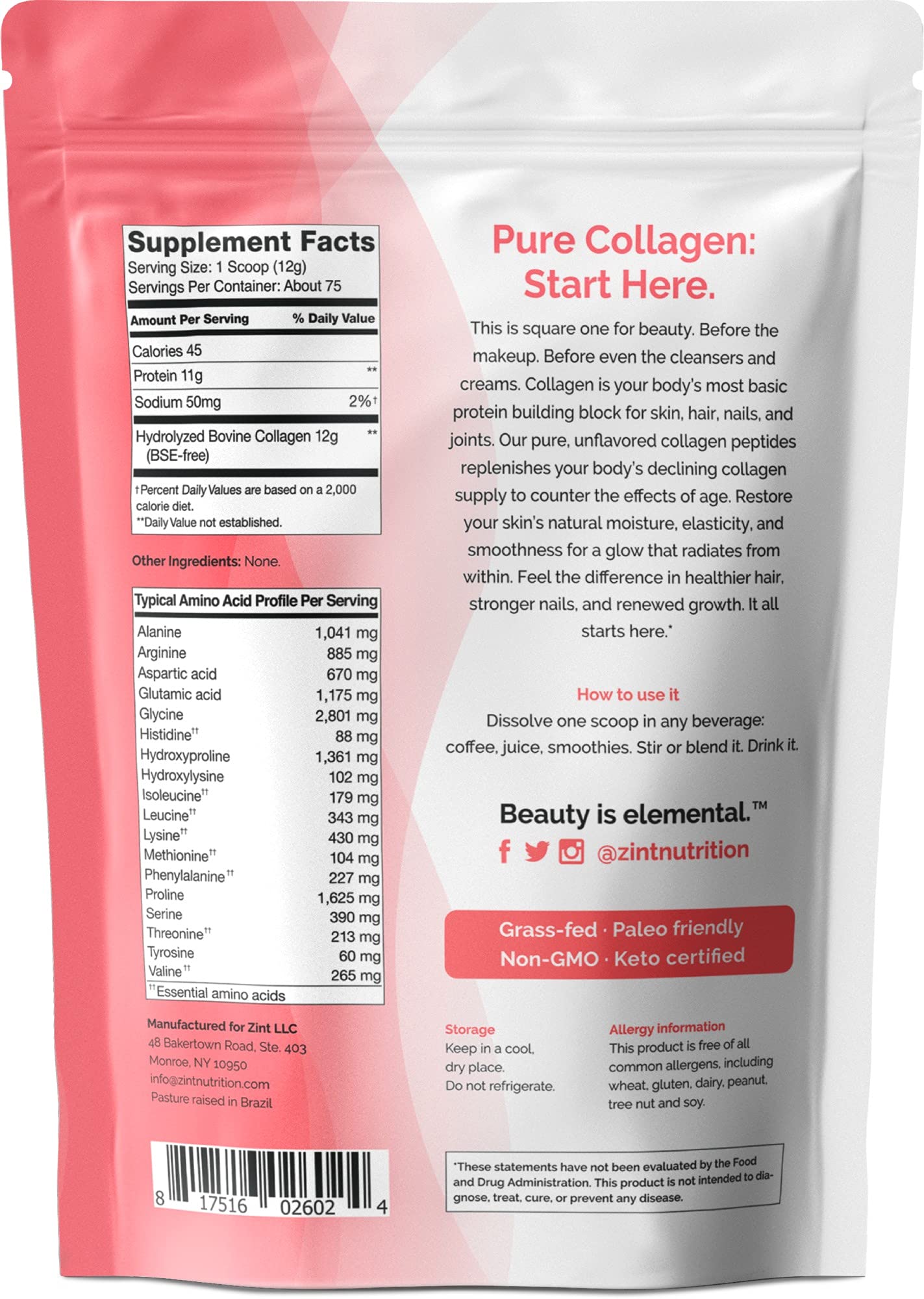 Foto 7 pulgar | Péptidos De Colágeno En Polvo Zint 946 Ml Paleo Keto Alimentados Con Pasto - Venta Internacional.