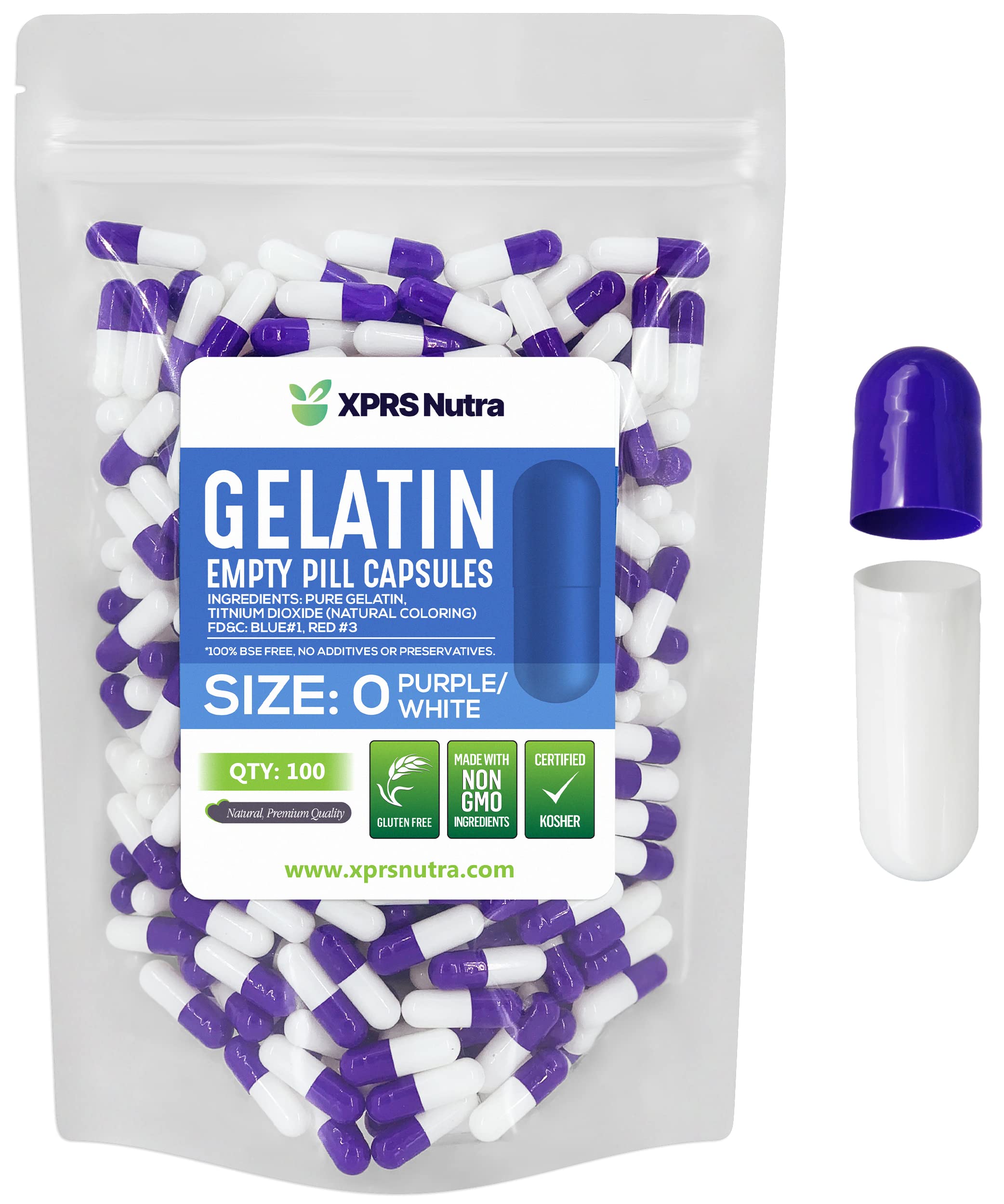 Foto 2 pulgar | Cápsulas Vacías Xprs Nutra, Tamaño 0 — 100 Unidades, Gelatina Morada/blanca - Venta Internacional.