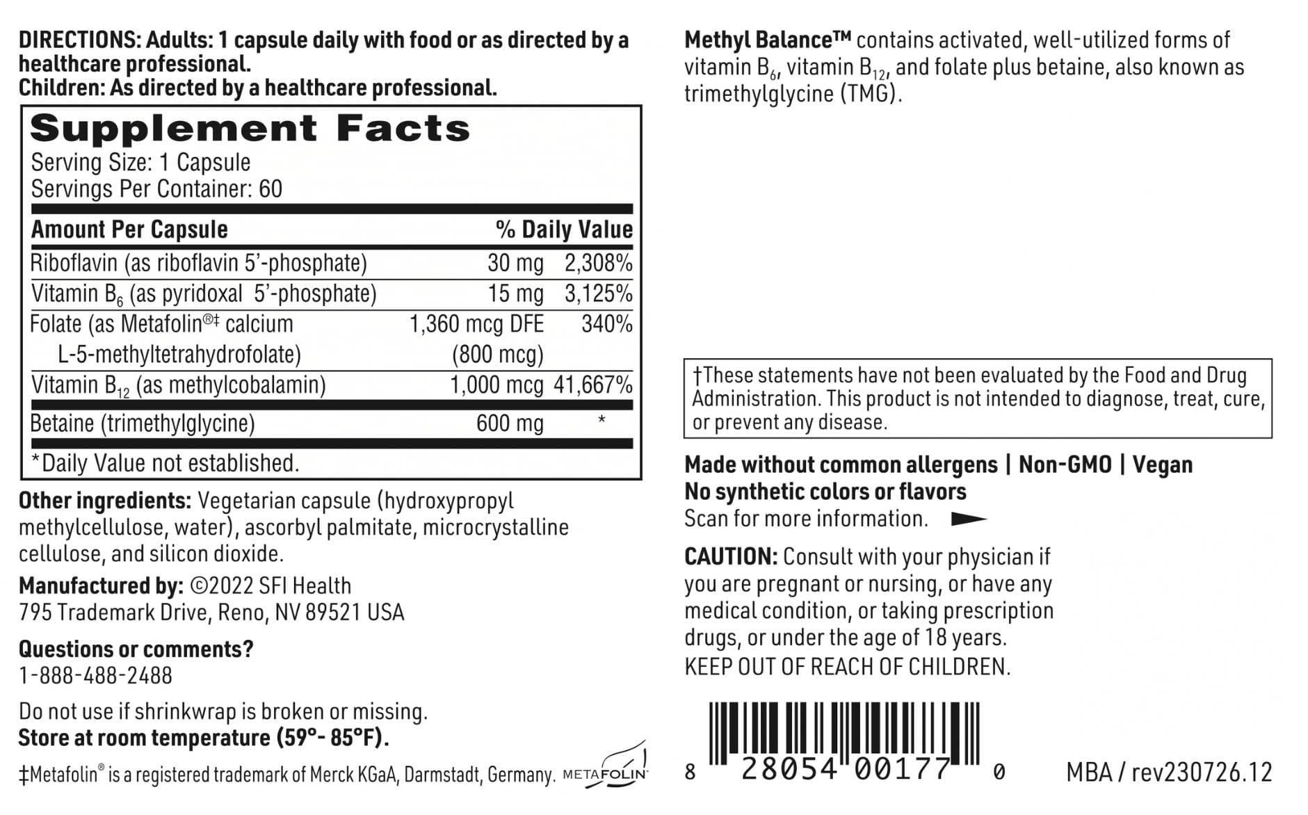 Foto 6 | Suplemento Klaire Labs Sfi Health Methyl Balance 60 Cápsulas - Venta Internacional.