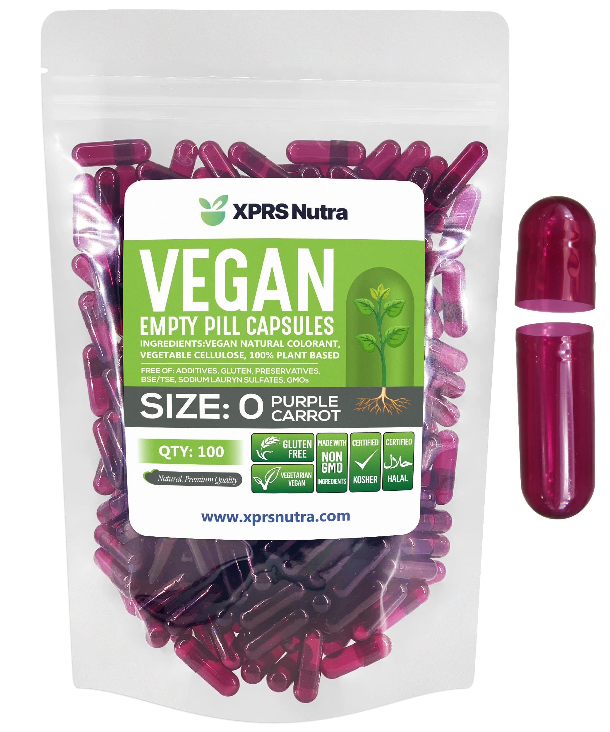 Cápsulas Vacías Xprs Nutra, Tamaño 0 — 100 Unidades, Zanahoria Morada - Venta Internacional.