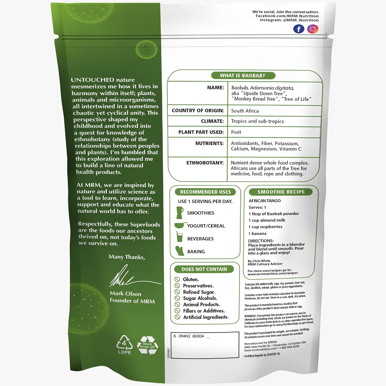 Foto 3 pulgar | Suplemento De Baobab Orgánico En Polvo Mrm Nutrition, 40 Porciones - Venta Internacional.