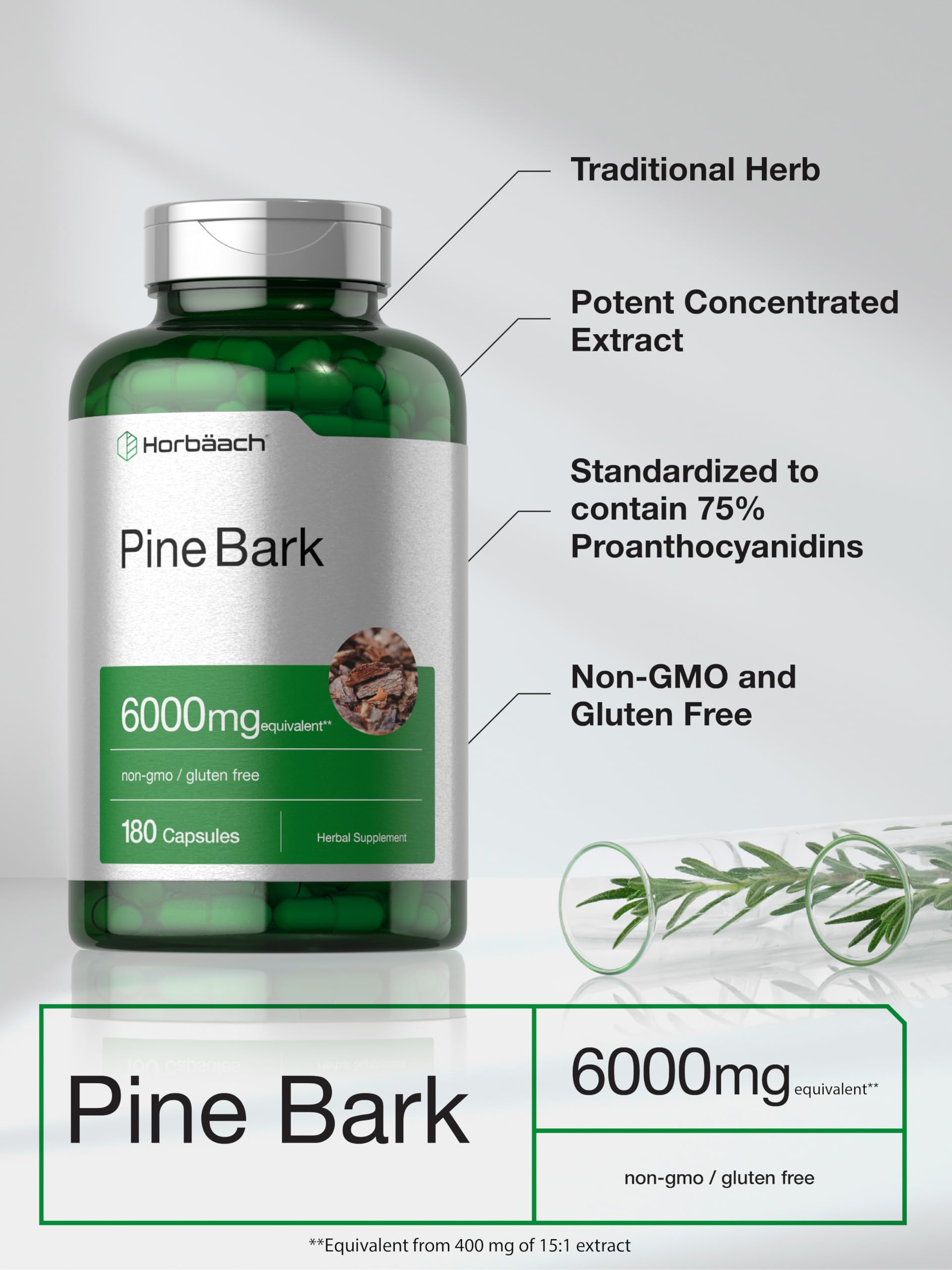 Foto 5 pulgar | Suplemento De Extracto De Corteza De Pino Horbäach 6000 Mg 180 Cápsulas - Venta Internacional.
