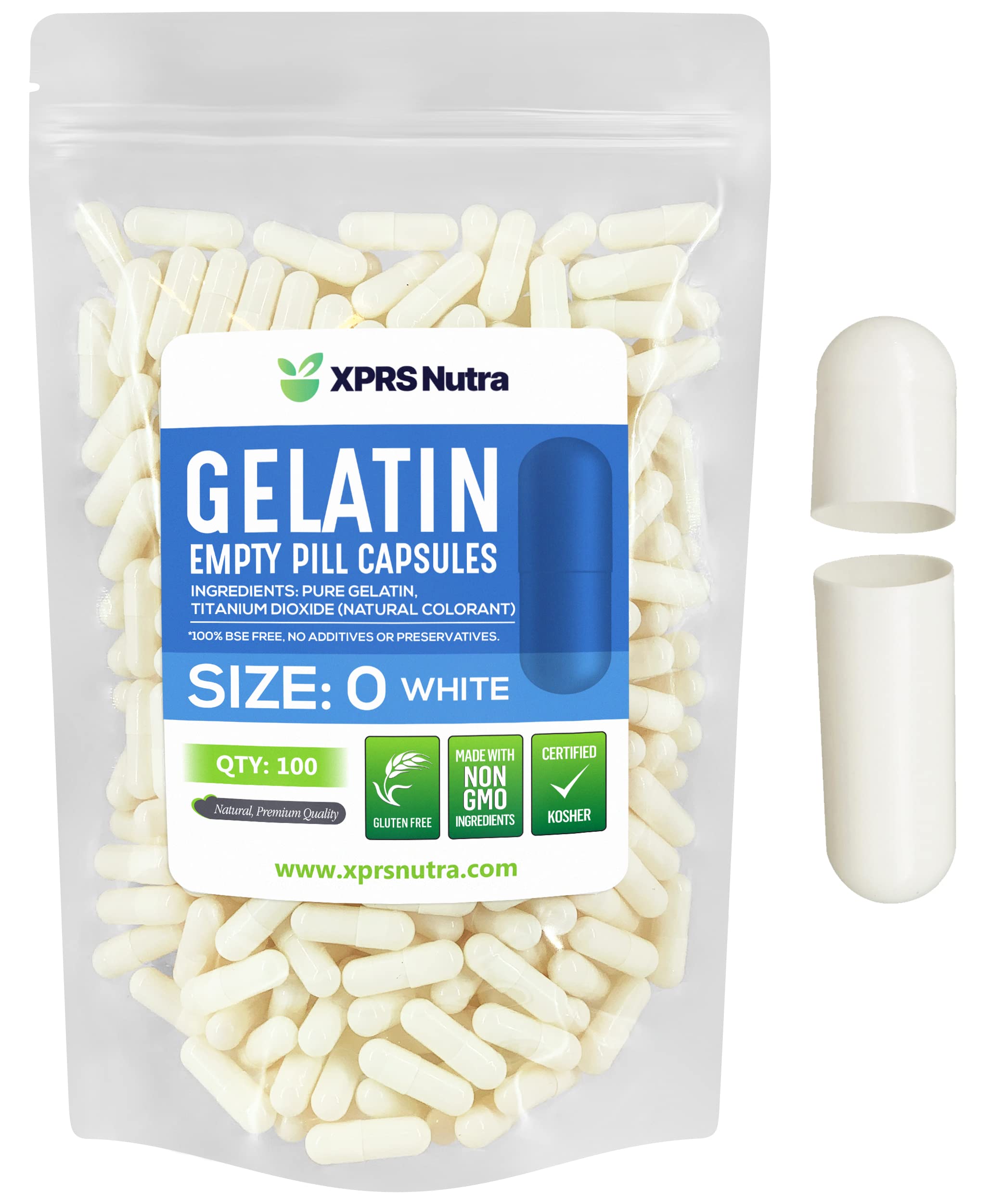 Cápsulas Vacías Xprs Nutra, Tamaño 0 — 100 Unidades, Gelatina Blanca - Venta Internacional.