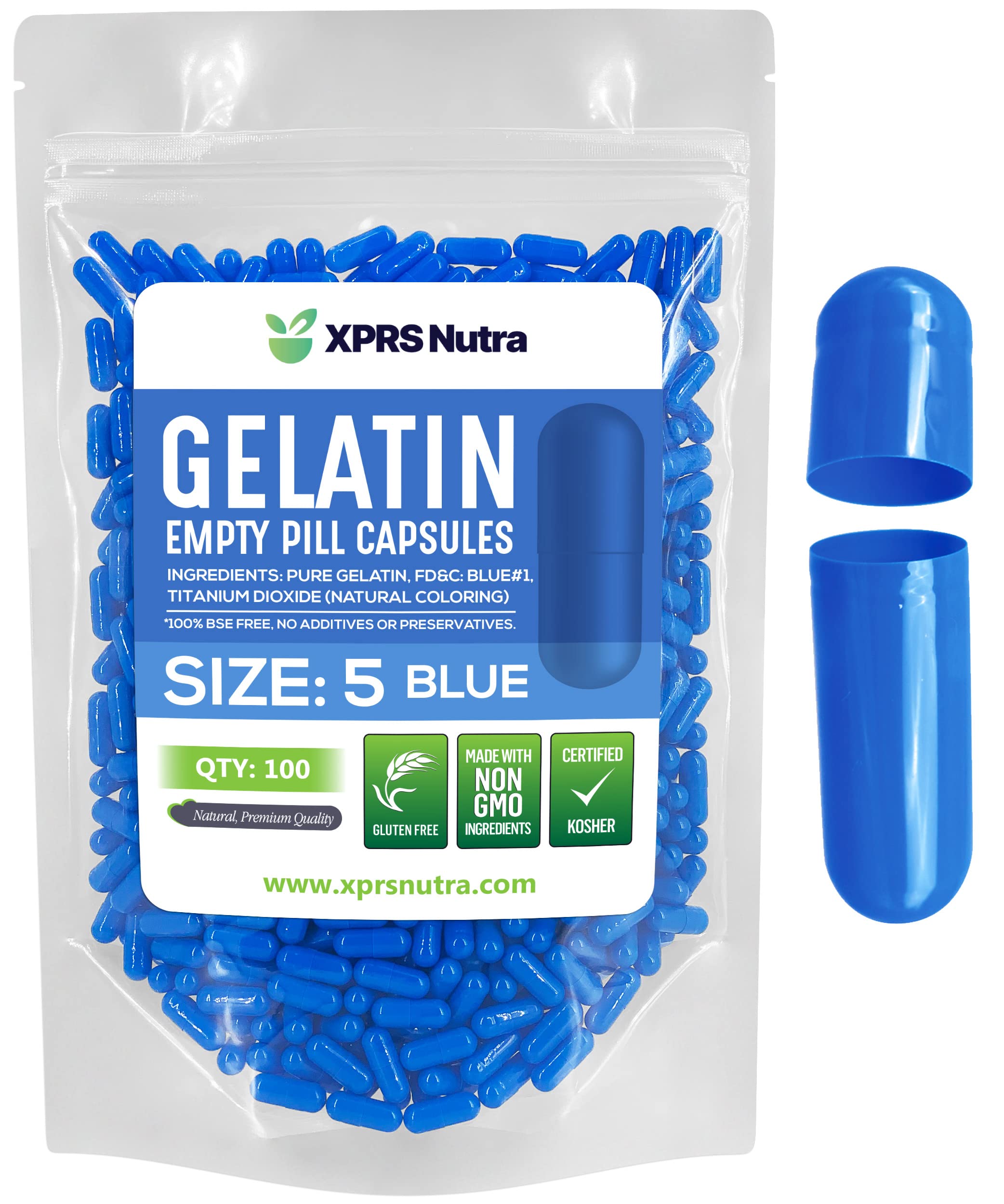 Cápsulas Vacías Xprs Nutra, Tamaño 5, 100 Unidades, Gelatina Azul - Venta Internacional.