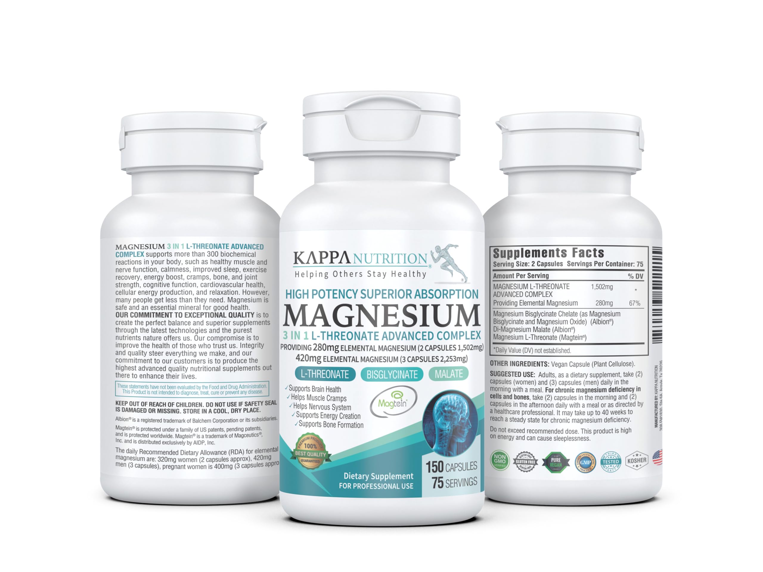 Foto 3 pulgar | Suplemento Kappa Nutrition L-treonato De Magnesio 3 En 1, 150 Cápsulas - Venta Internacional.