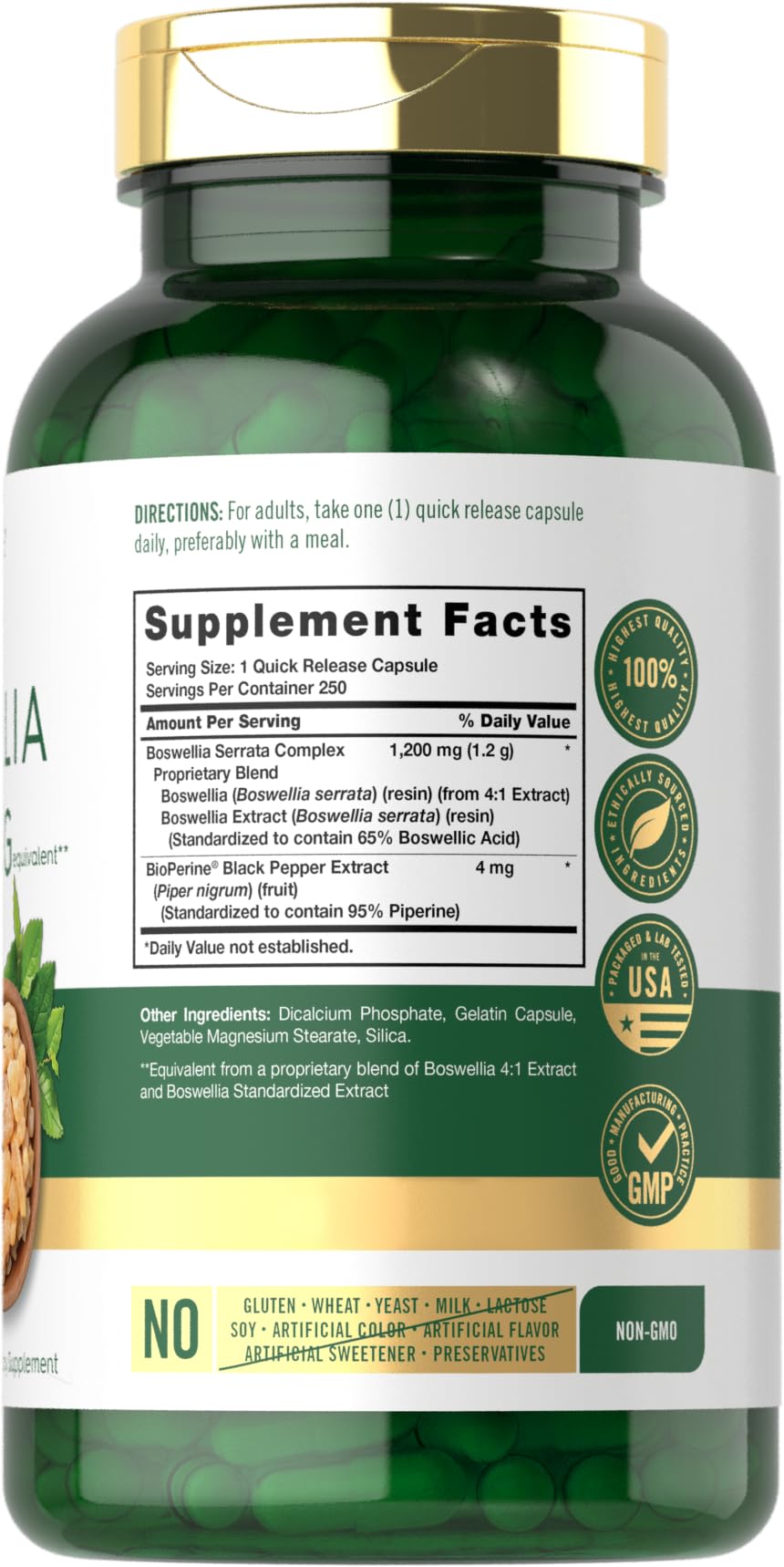 Foto 3 pulgar | Suplemento: Cápsulas De Extracto De Boswellia De Carlyle, 1200 Mg, 250 Unidades - Venta Internacional.