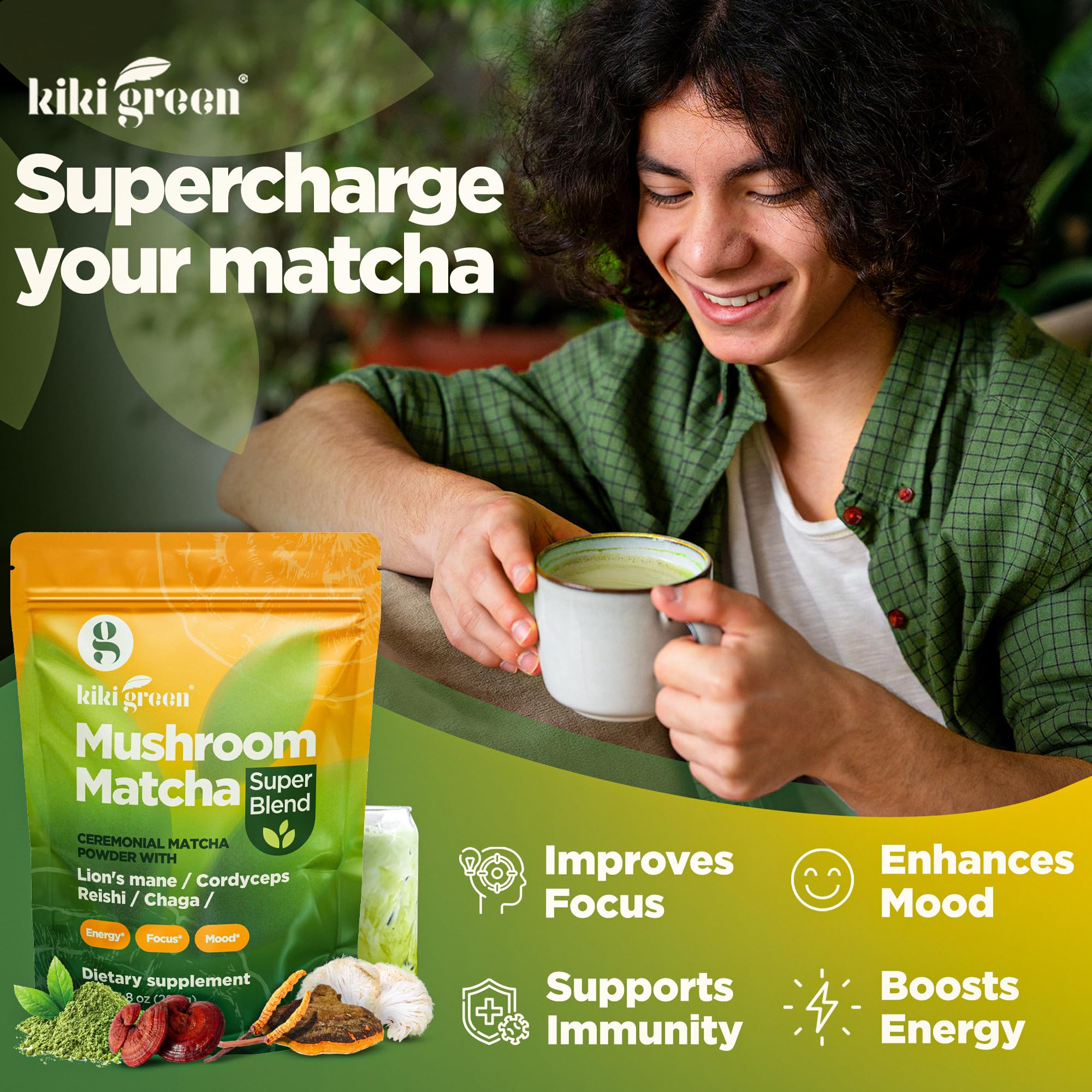 Foto 5 pulgar | Polvo De Hongos Matcha Kiki Green 200 G Con Melena De León, Chaga - Venta Internacional.