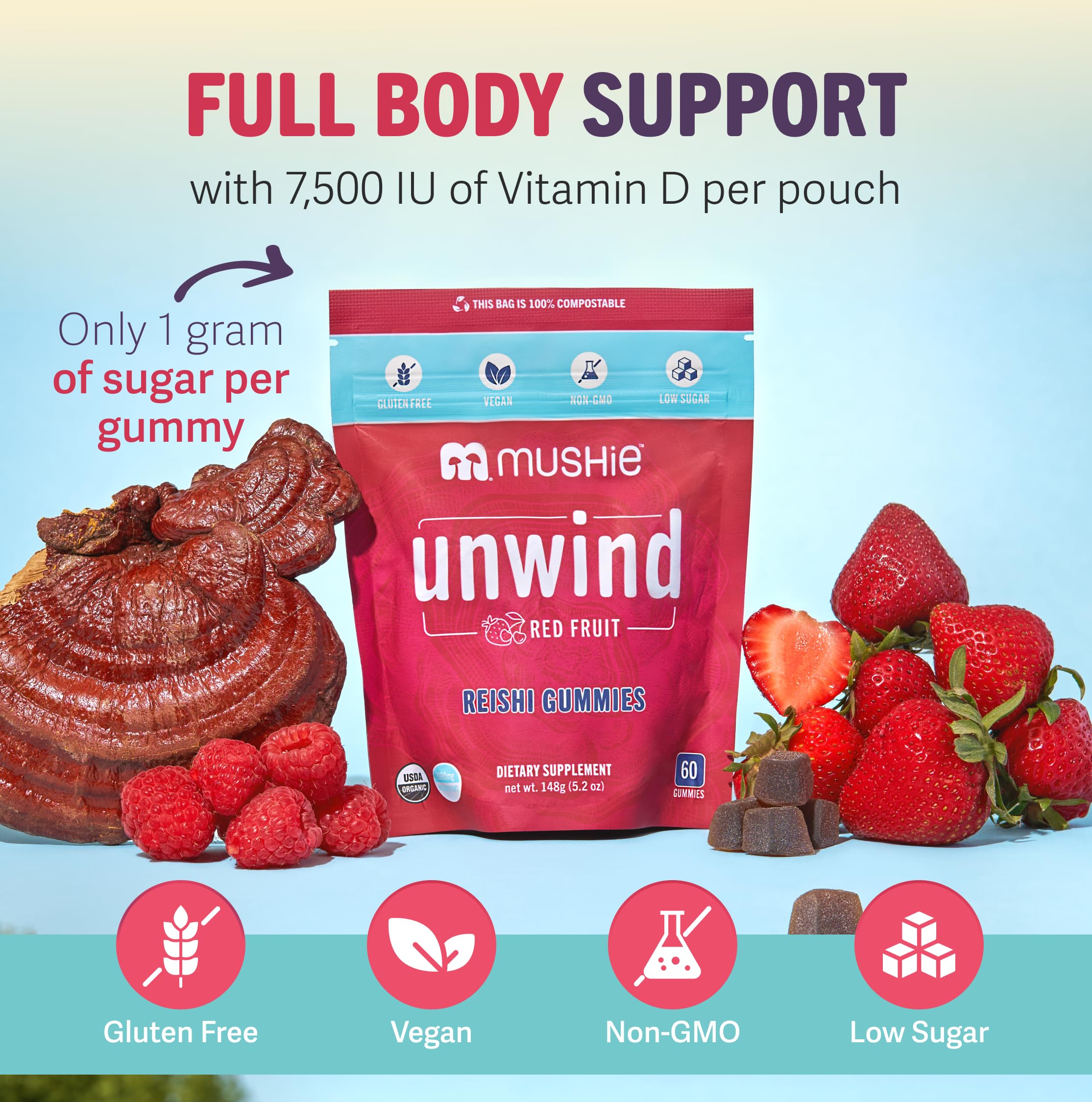 Foto 4 pulgar | Hongo Reishi Orgánico Gummies Mushie 2000 Mg Con Vitamina D - Venta Internacional.