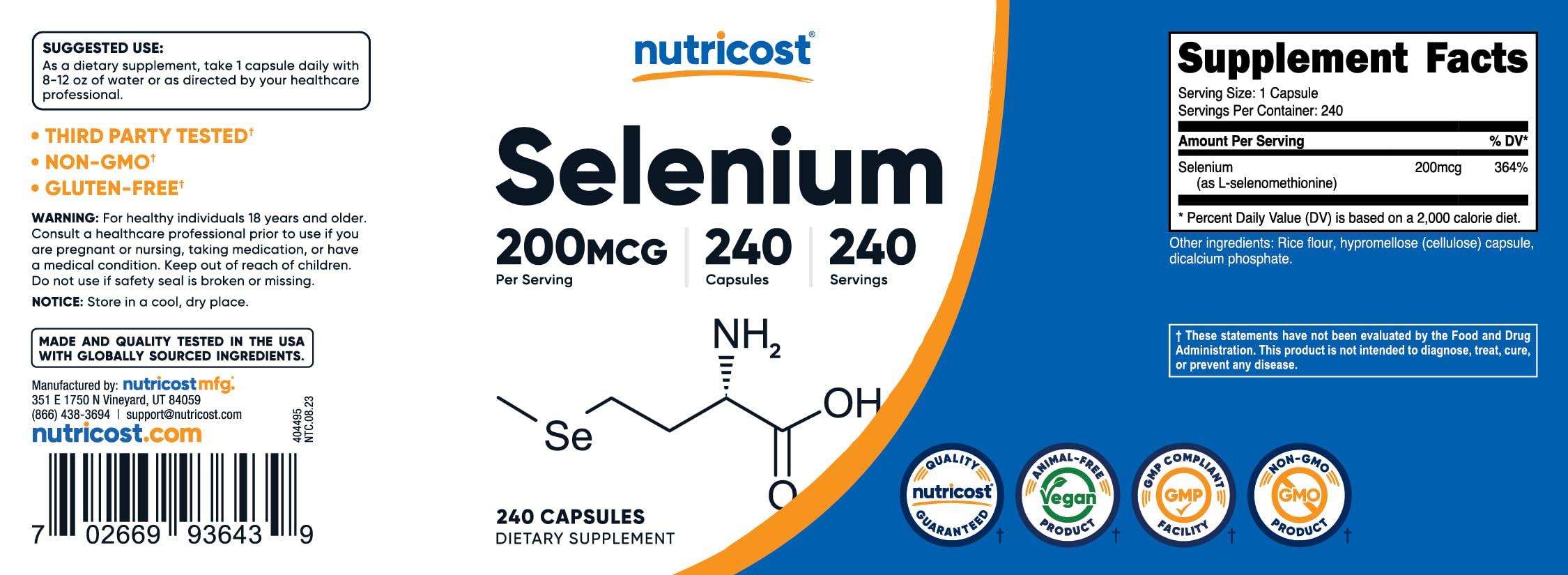 Foto 7 pulgar | Suplemento Nutricost Selenium 200 Mcg 240 Cápsulas - Venta Internacional.