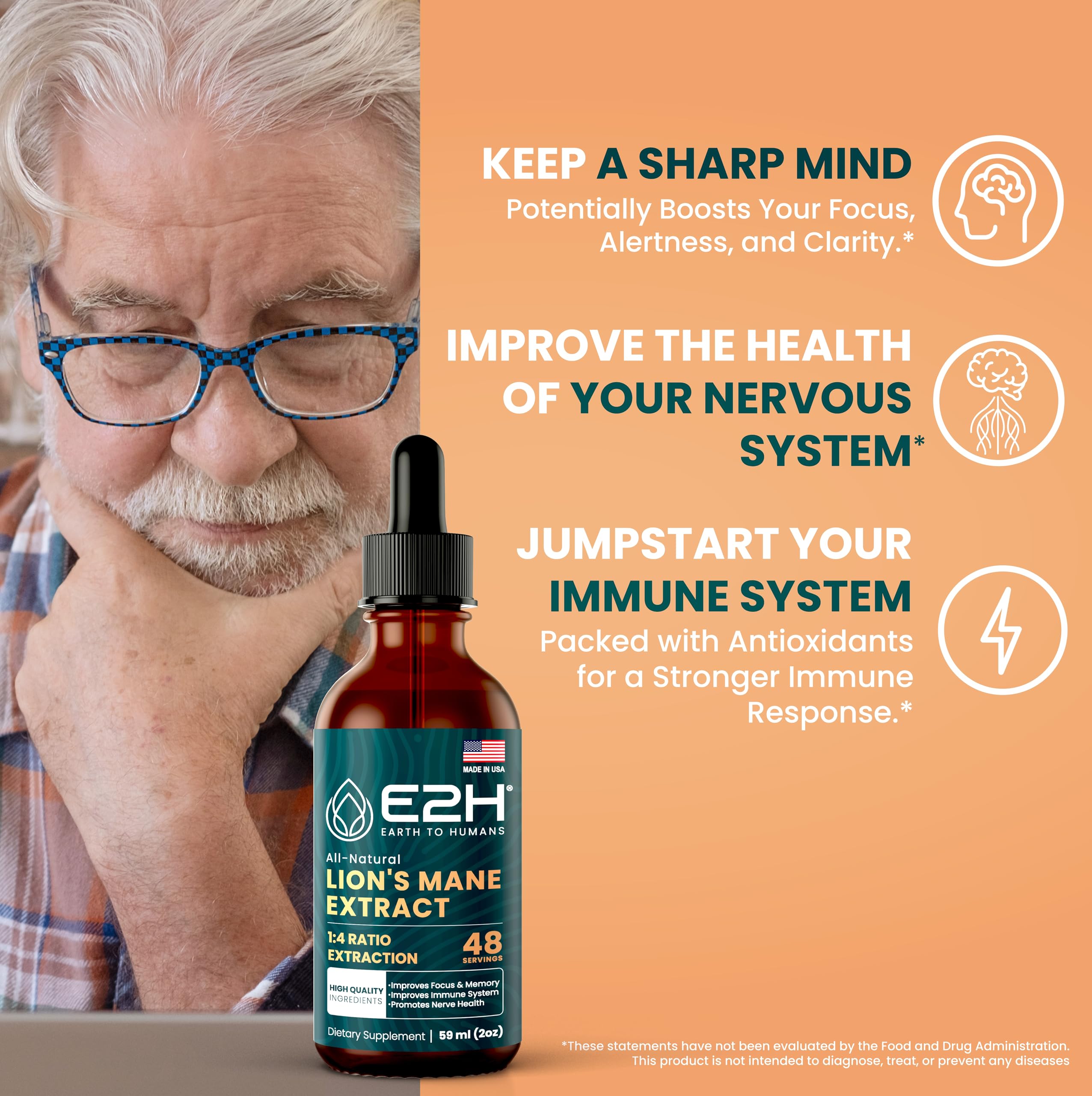 Foto 2 | Suplemento Líquido E2h Earth To Humans Lions Mane, 60 Ml - Venta Internacional.