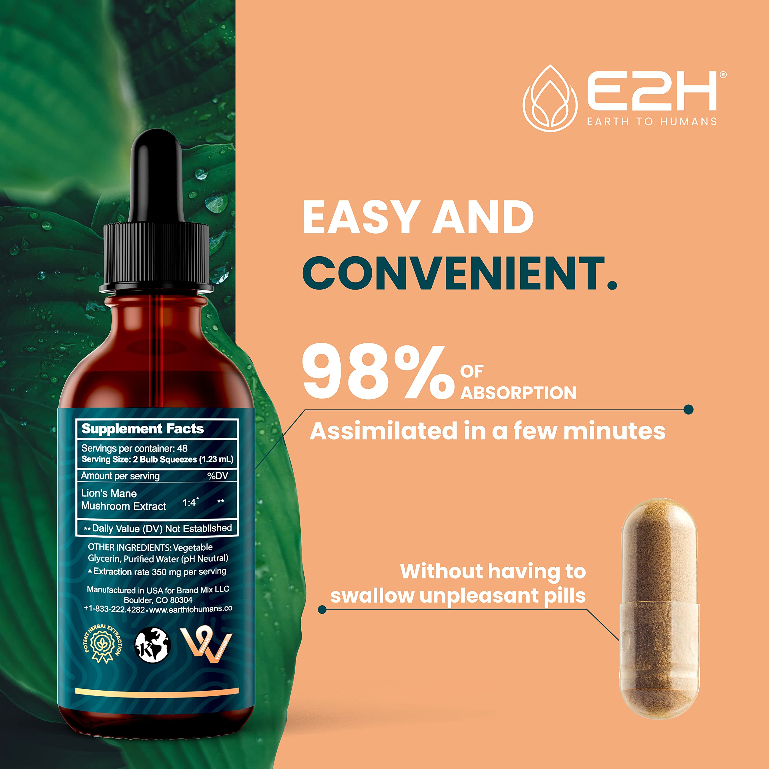 Foto 5 pulgar | Suplemento Líquido E2h Earth To Humans Lions Mane, 60 Ml - Venta Internacional.
