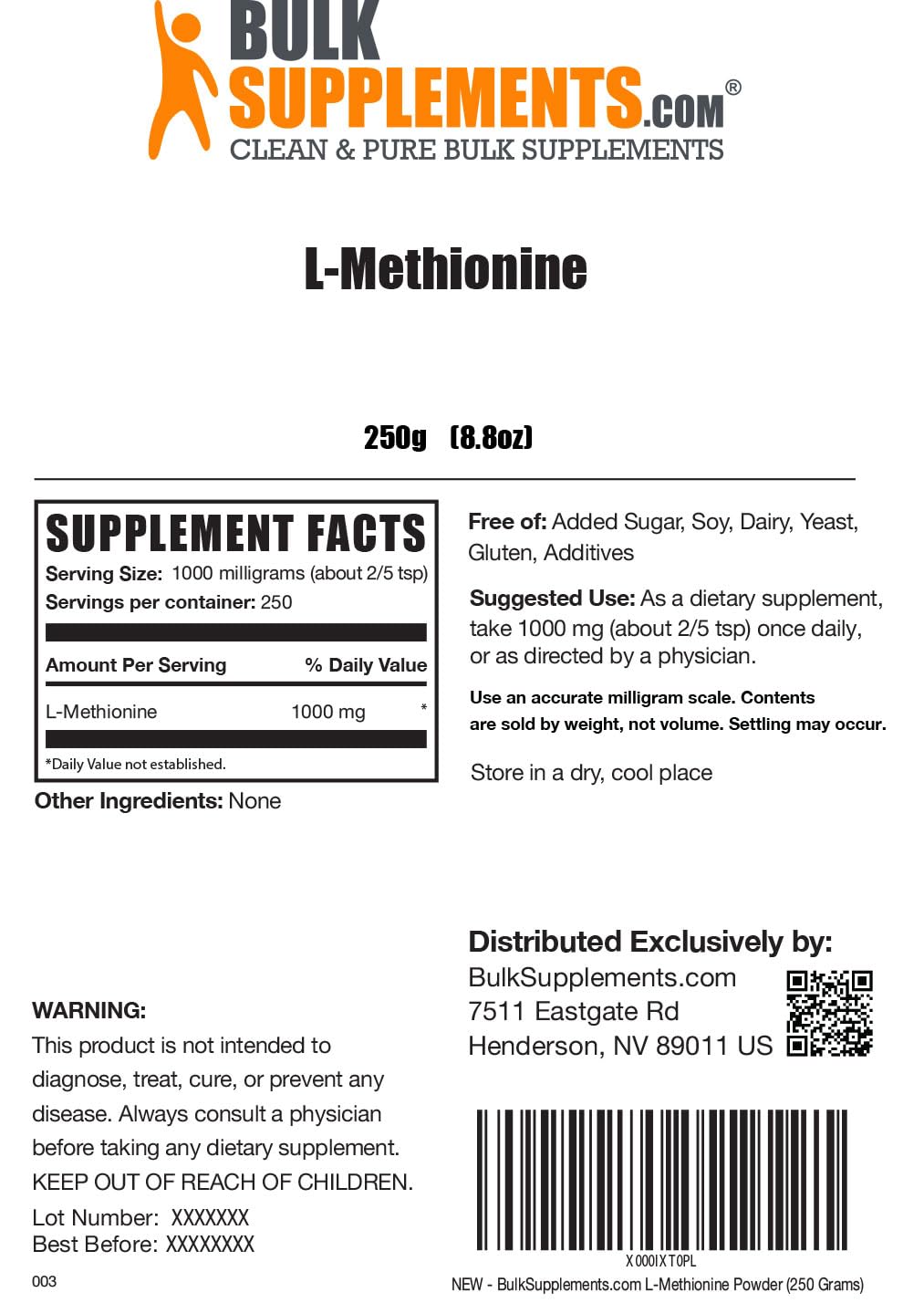 Foto 3 pulgar | Suplemento Bulksupplements.com L-metionina 1000 Mg En Polvo 250 G - Venta Internacional.