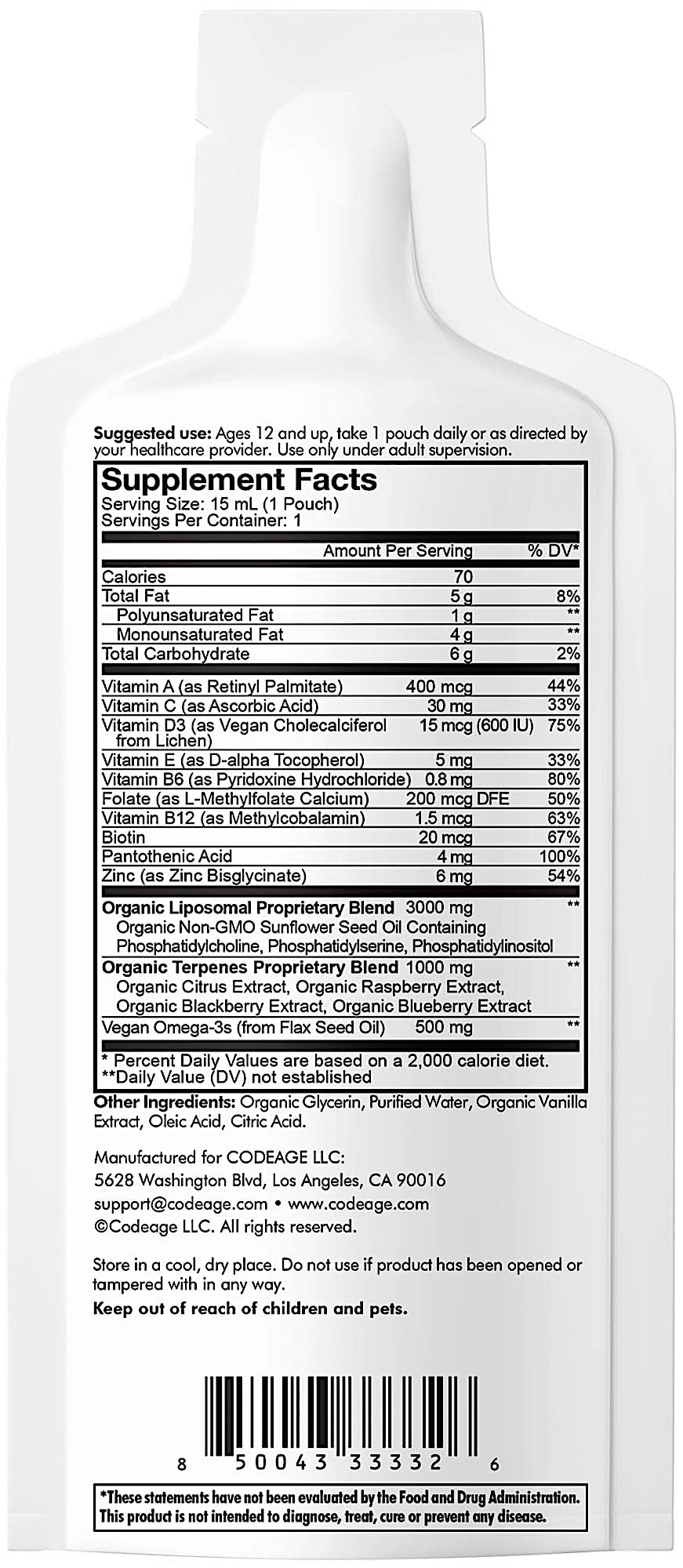 Foto 5 pulgar | Multivitamínico Codeage Nanofood Teen Liquid 30 Sobres - Venta Internacional.