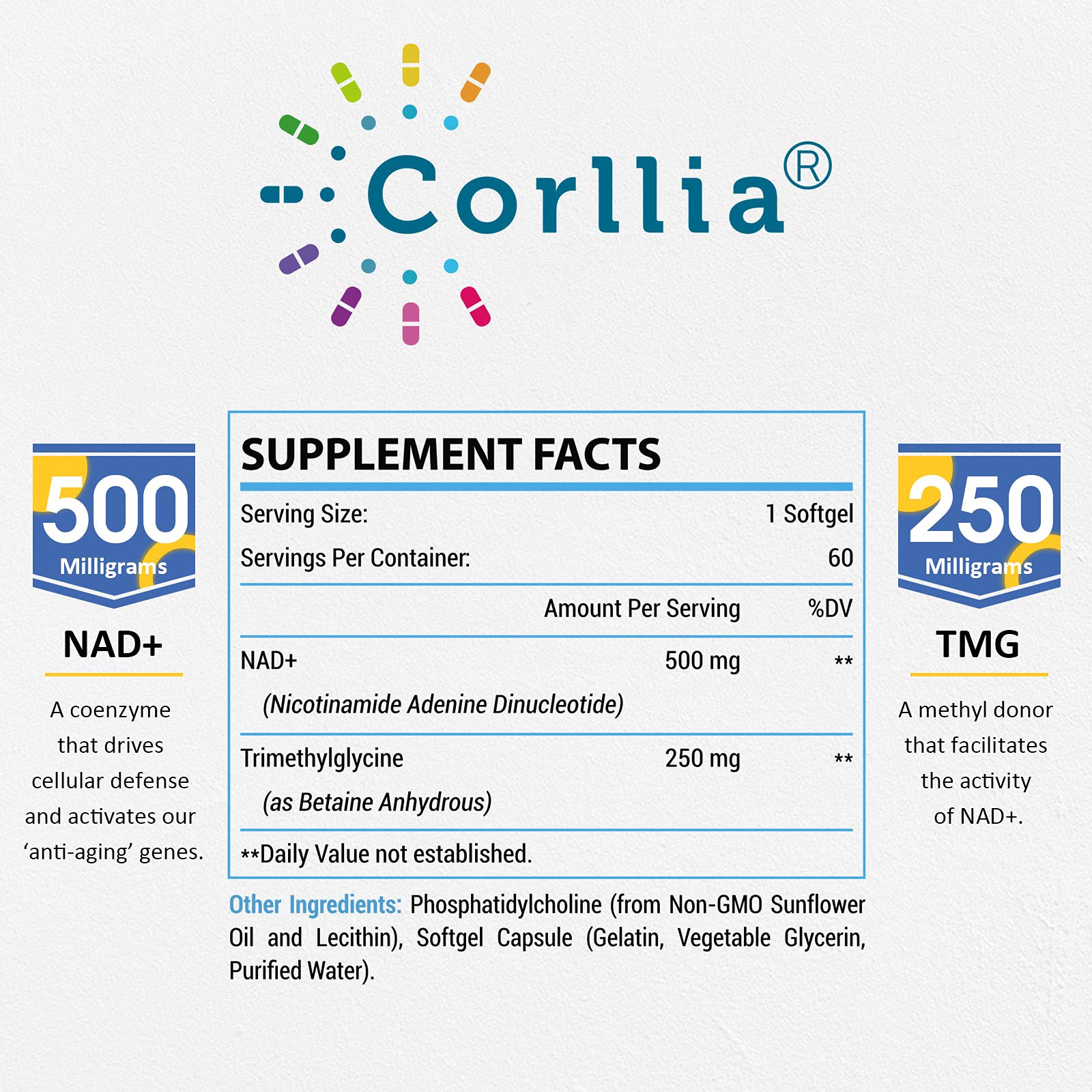 Foto 3 pulgar | Suplemento Corllia Liposomal Nad+ 500 Mg Con Tmg 250 Mg 180 Serv - Venta Internacional.