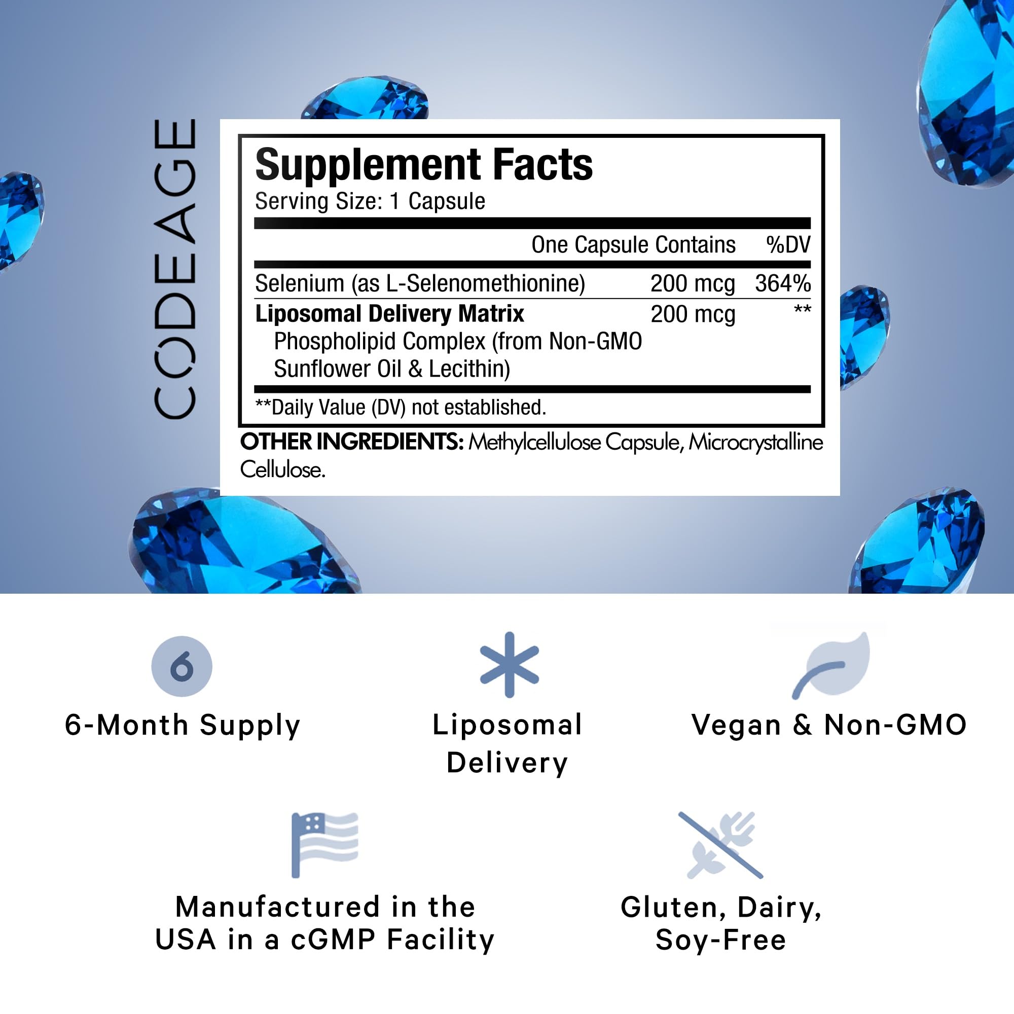 Foto 2 | Suplemento Codeage Selenium De 200 Mcg Con Suministro Liposomal, 180 Cápsulas - Venta Internacional.