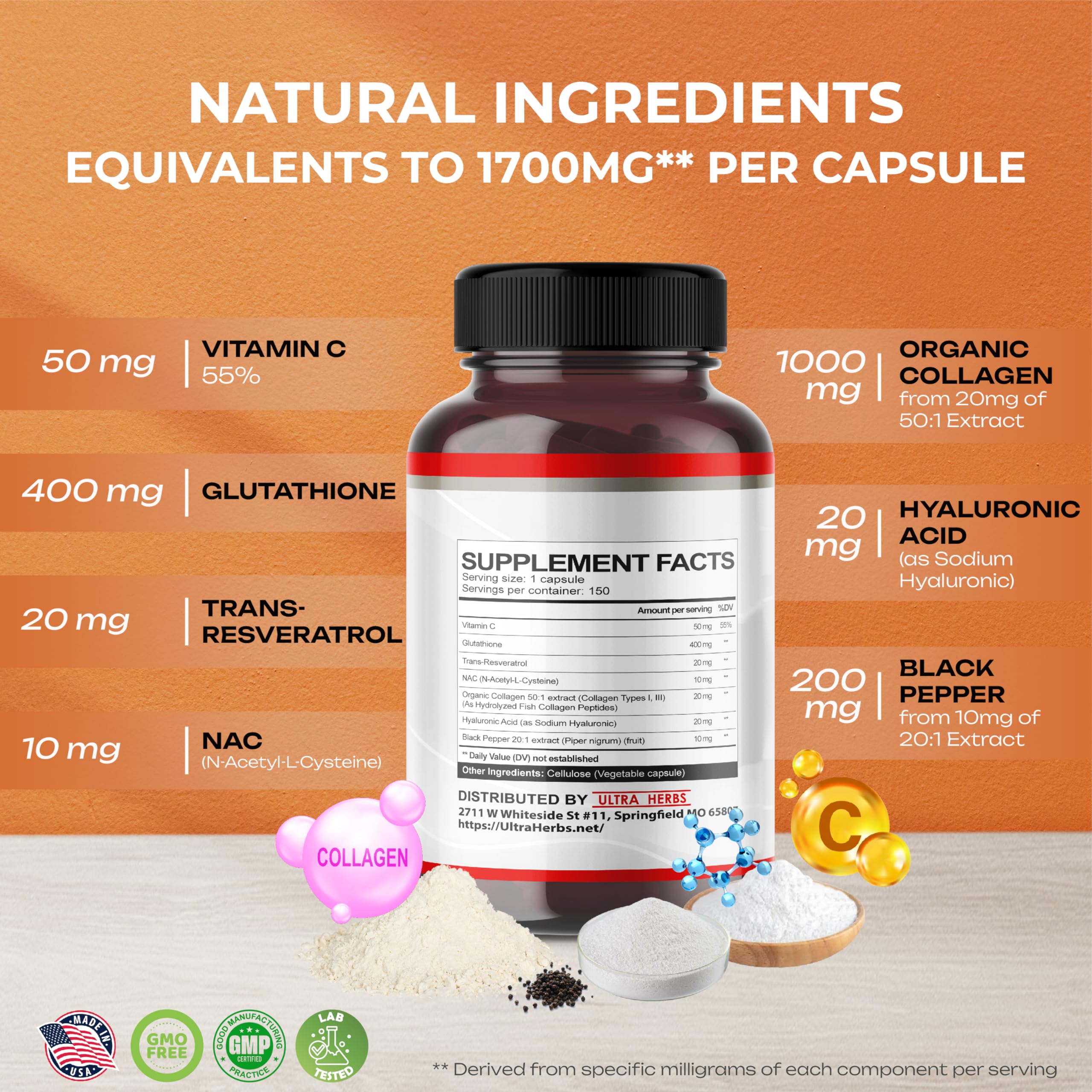 Foto 4 pulgar | Suplemento Ultra Herbs De Glutatión De 10,050 Mg Con Resveratrol 150 Cápsulas - Venta Internacional.