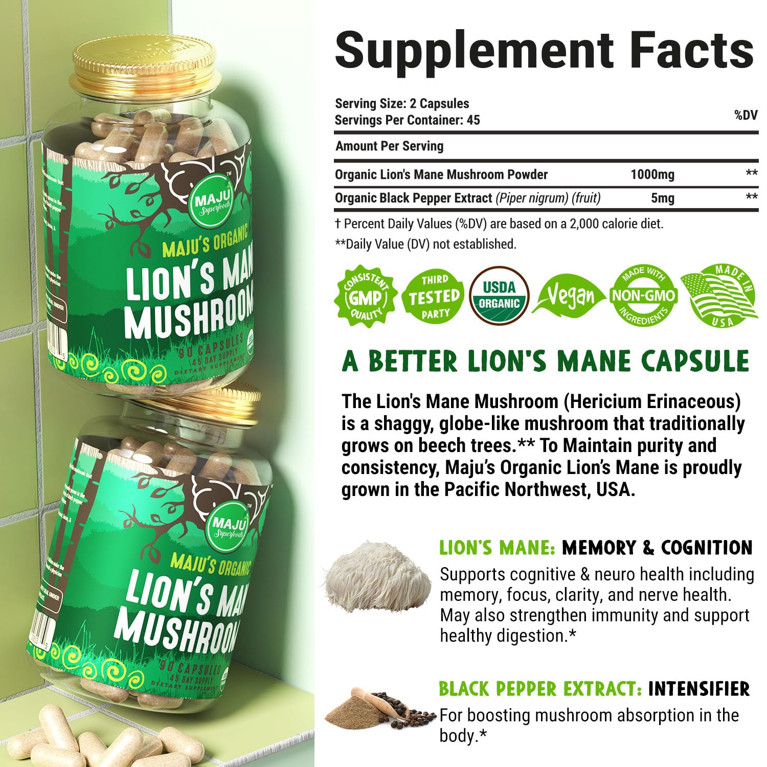 Foto 5 | Suplemento De Melena De León Orgánico Maju Superfoods, 90 Unidades - Venta Internacional.