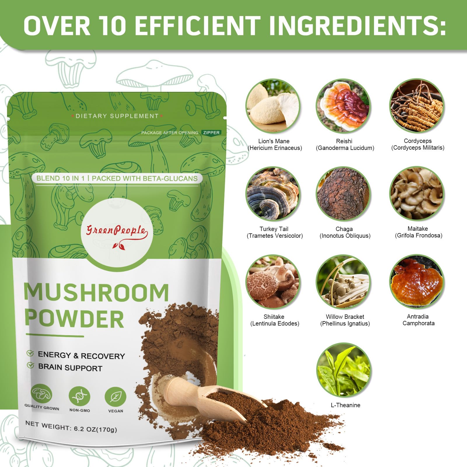 Foto 2 | Suplemento De Hongos Greenpeople, Polvo De Hongos 10 En 1, 60 Porciones - Venta Internacional.