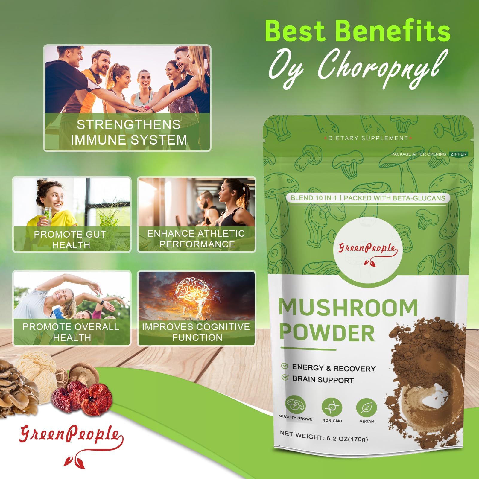 Foto 4 | Suplemento De Hongos Greenpeople, Polvo De Hongos 10 En 1, 60 Porciones - Venta Internacional.