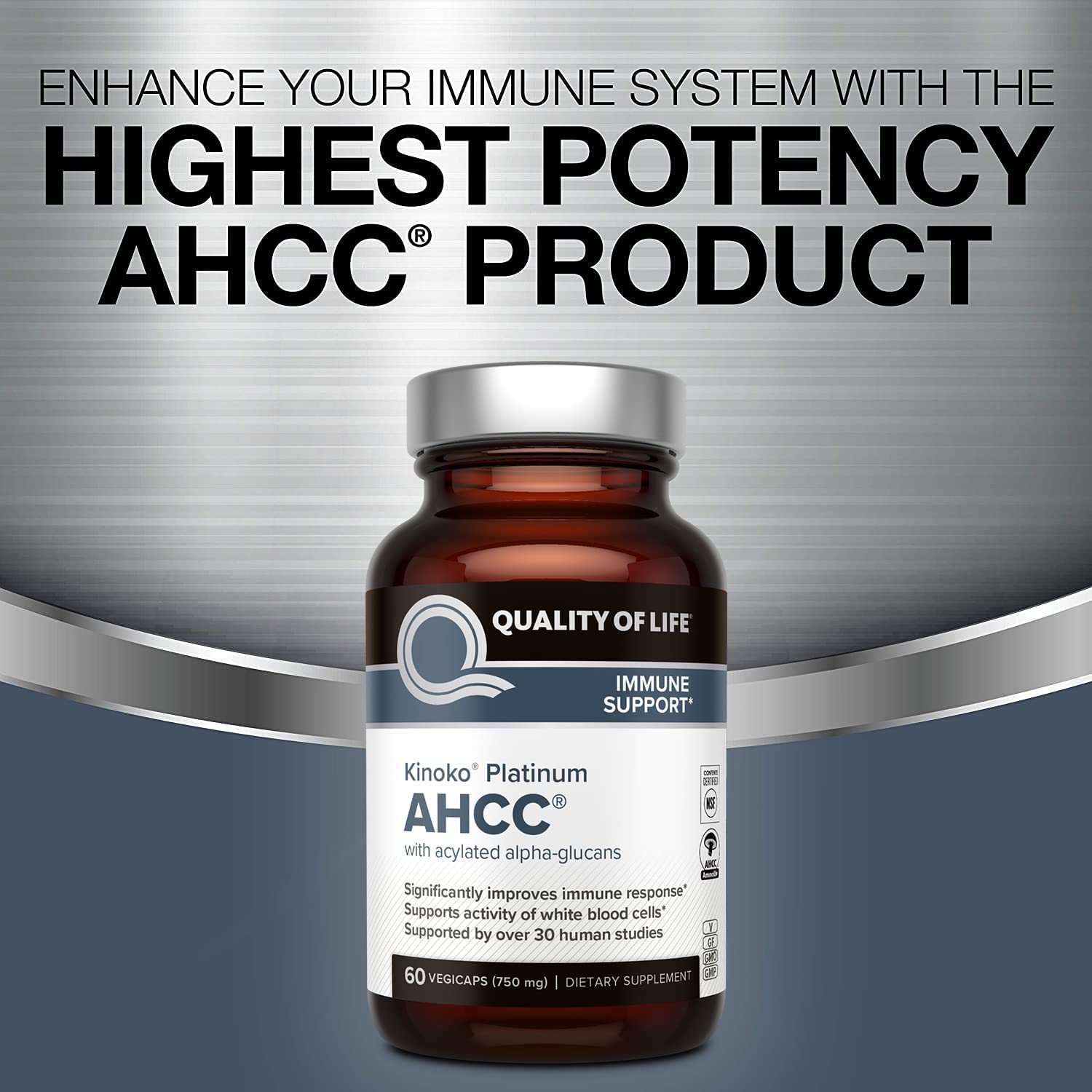 Foto 5 pulgar | Suplemento Quality Of Life Ahcc Kinoko Platinum 750 Mg 60 Unidades - Venta Internacional.
