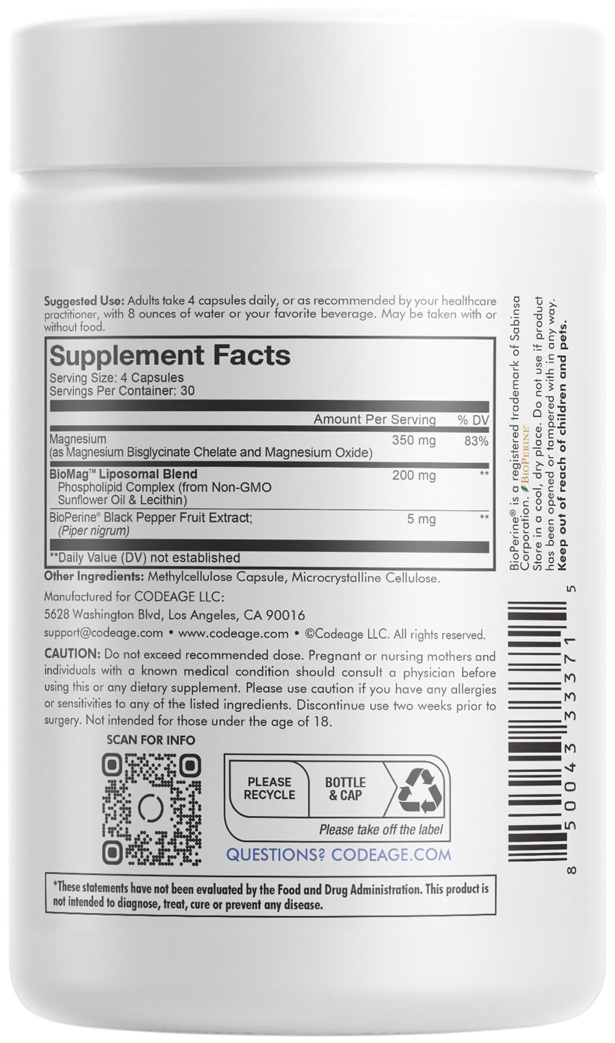 Foto 3 pulgar | Suplemento De Glicinato De Magnesio Liposomal Codeage 350 Mg - Venta Internacional.