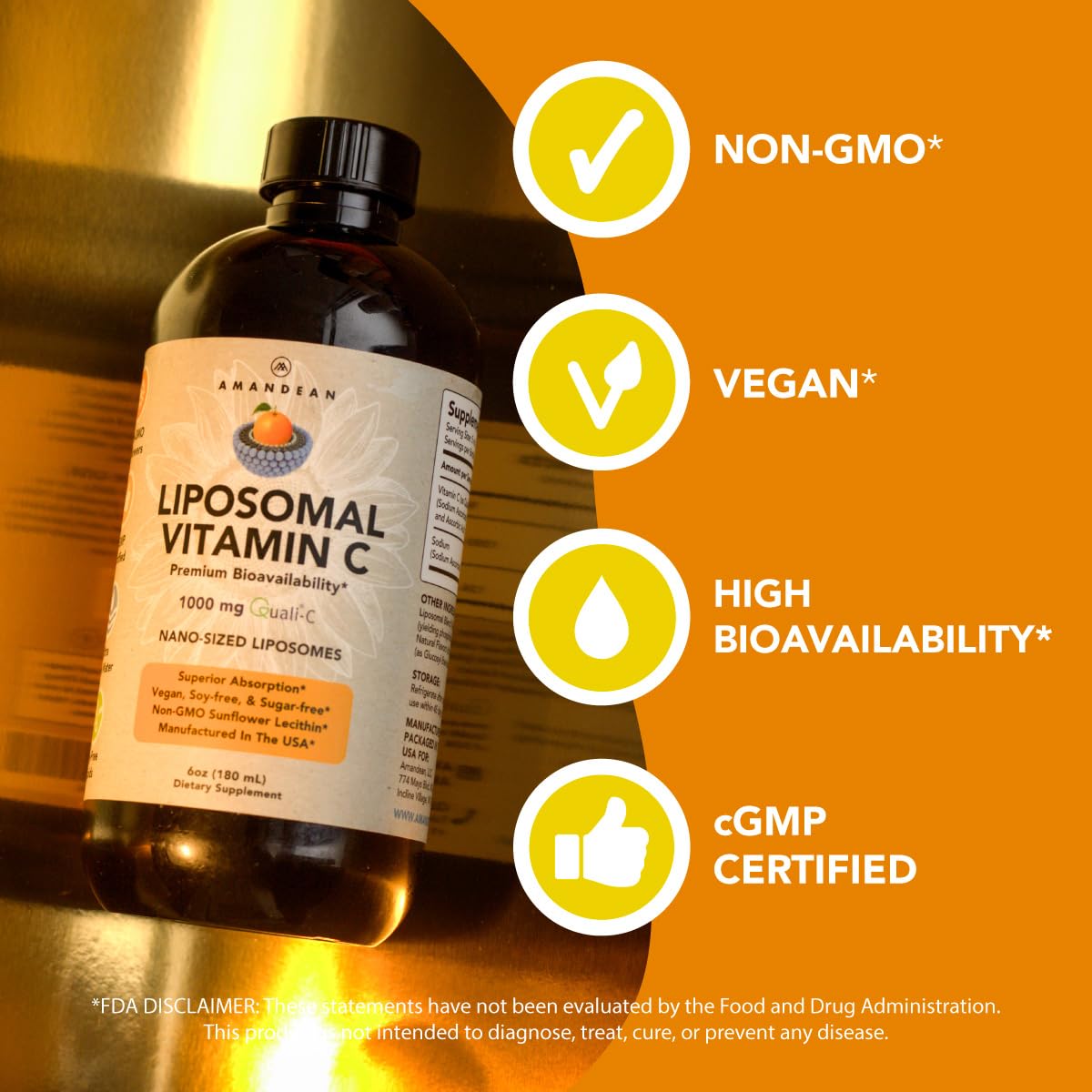 Foto 3 pulgar | Suplemento Liposomal De Vitamina C Amandean 1000 Mg Vegano 180 Ml - Venta Internacional.