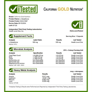 Foto 4 | Suplemento De 500 Mg De L-glutatión De California Gold Nutrition - Venta Internacional.