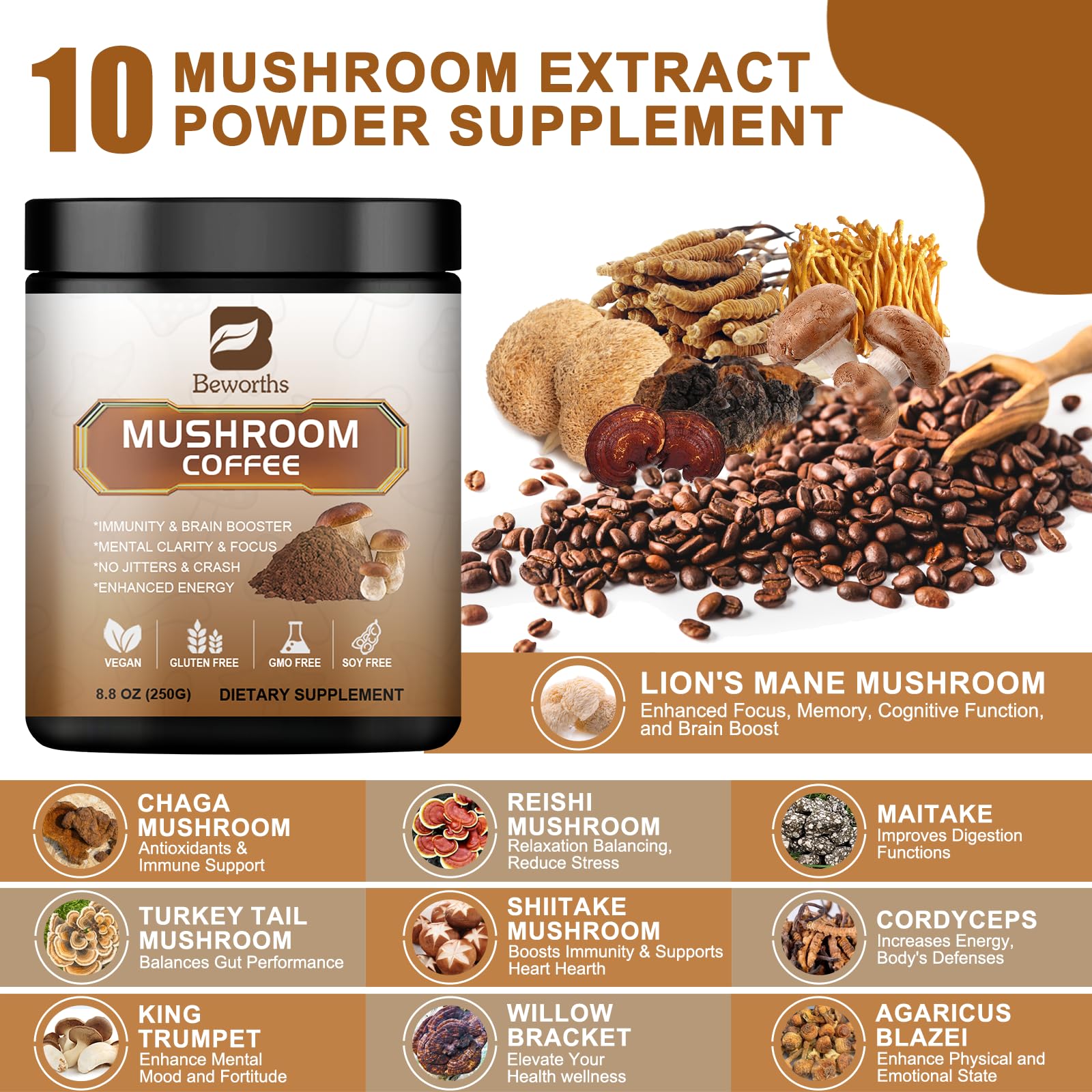 Foto 3 pulgar | Café con Hongos B Beworths 250 G Lions Mane Reishi Chaga + - Venta Internacional