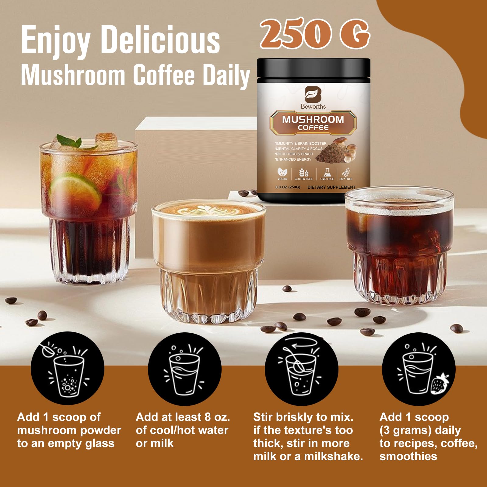 Foto 3 | Café con Hongos B Beworths 250 G Lions Mane Reishi Chaga + - Venta Internacional