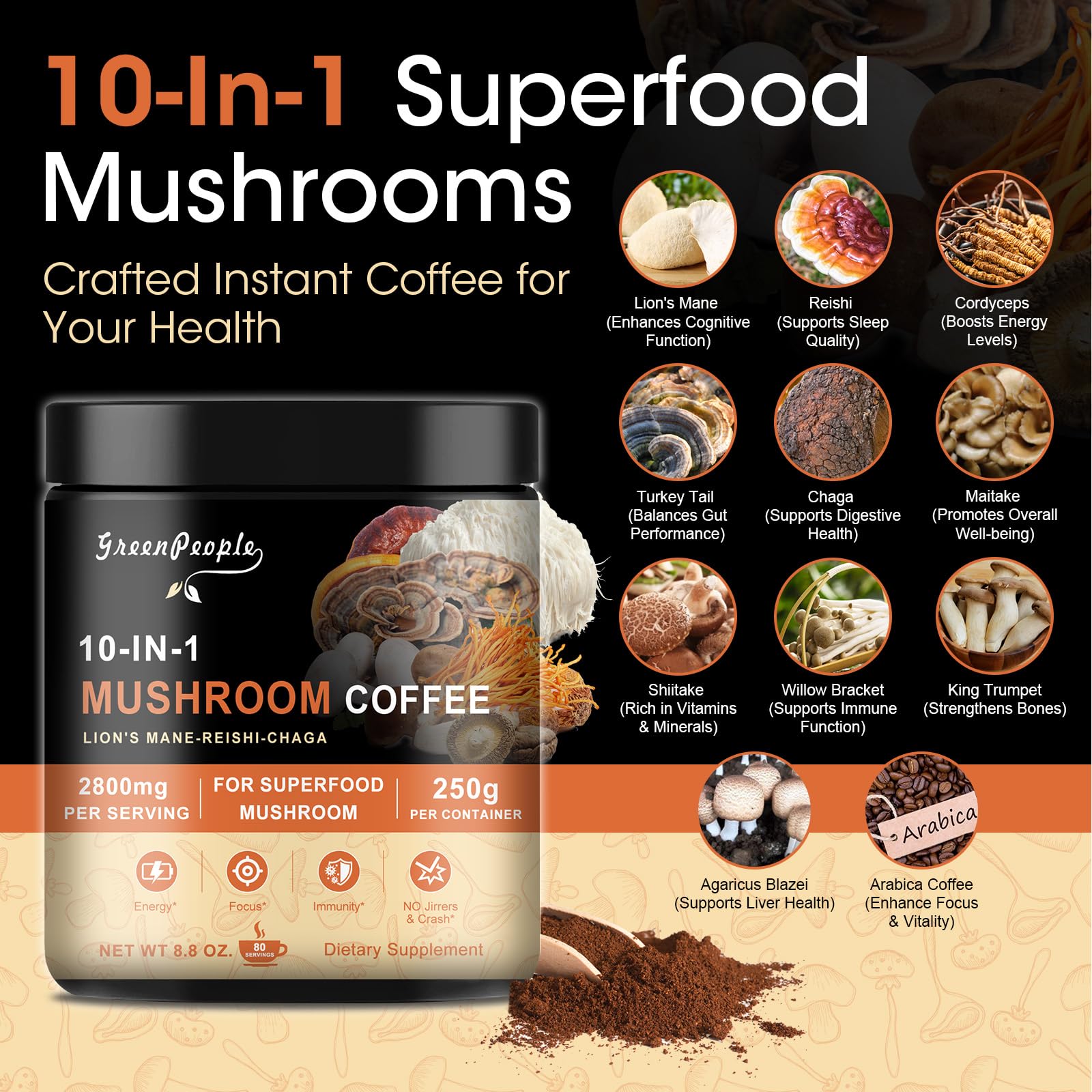 Foto 4 pulgar | Café Con Hongos Greenpeople 10 En 1 Con Melena De León, Reishi, 250 Ml - Venta Internacional.