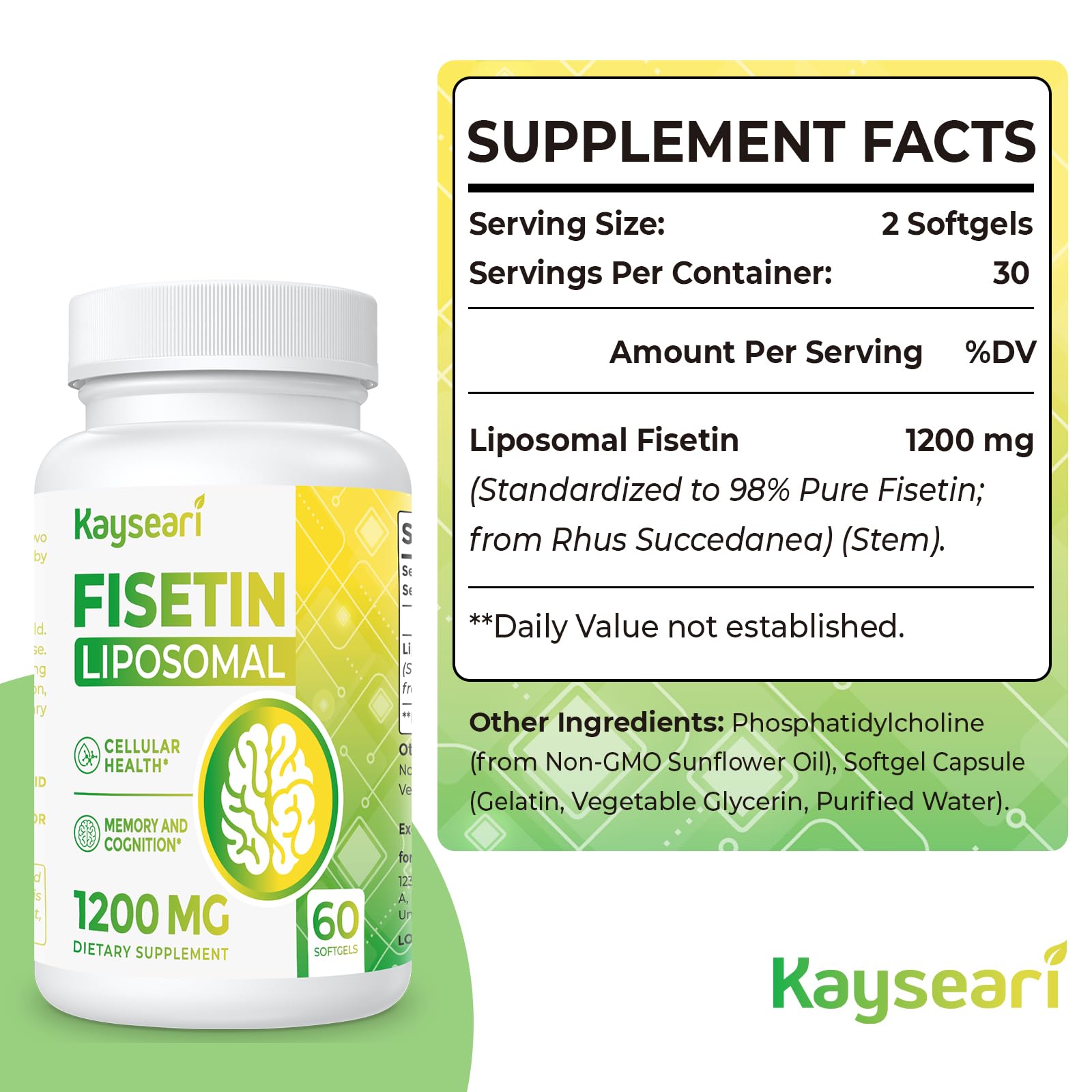 Foto 3 pulgar | Suplementos Kayseari Fisetin 1200 Mg Liposomal 98% Puro 60 Cápsulas - Venta Internacional.