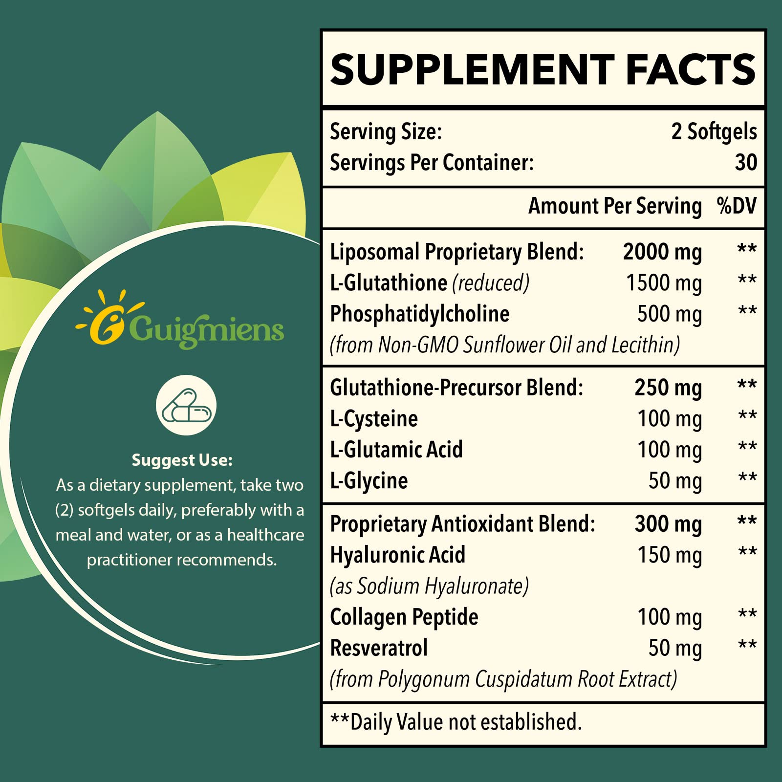 Foto 3 pulgar | Suplemento De Glutatión Liposomal De Guigmiens, 2000 Mg, 120 Unidades - Venta Internacional.
