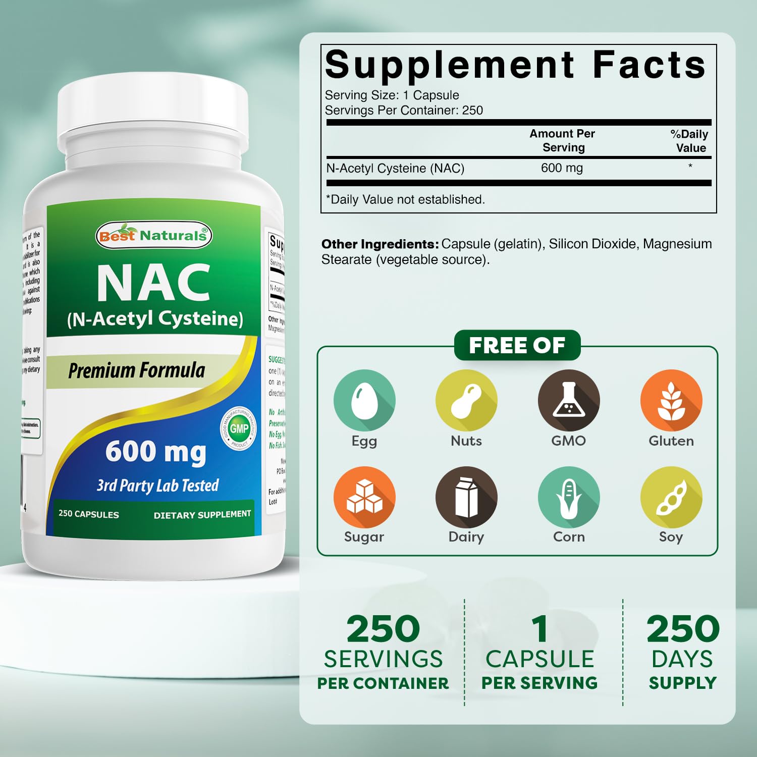 Foto 3 pulgar | Suplemento Best Naturals Nac N-acetil-cisteína 600 Mg 250 Cápsulas - Venta Internacional.