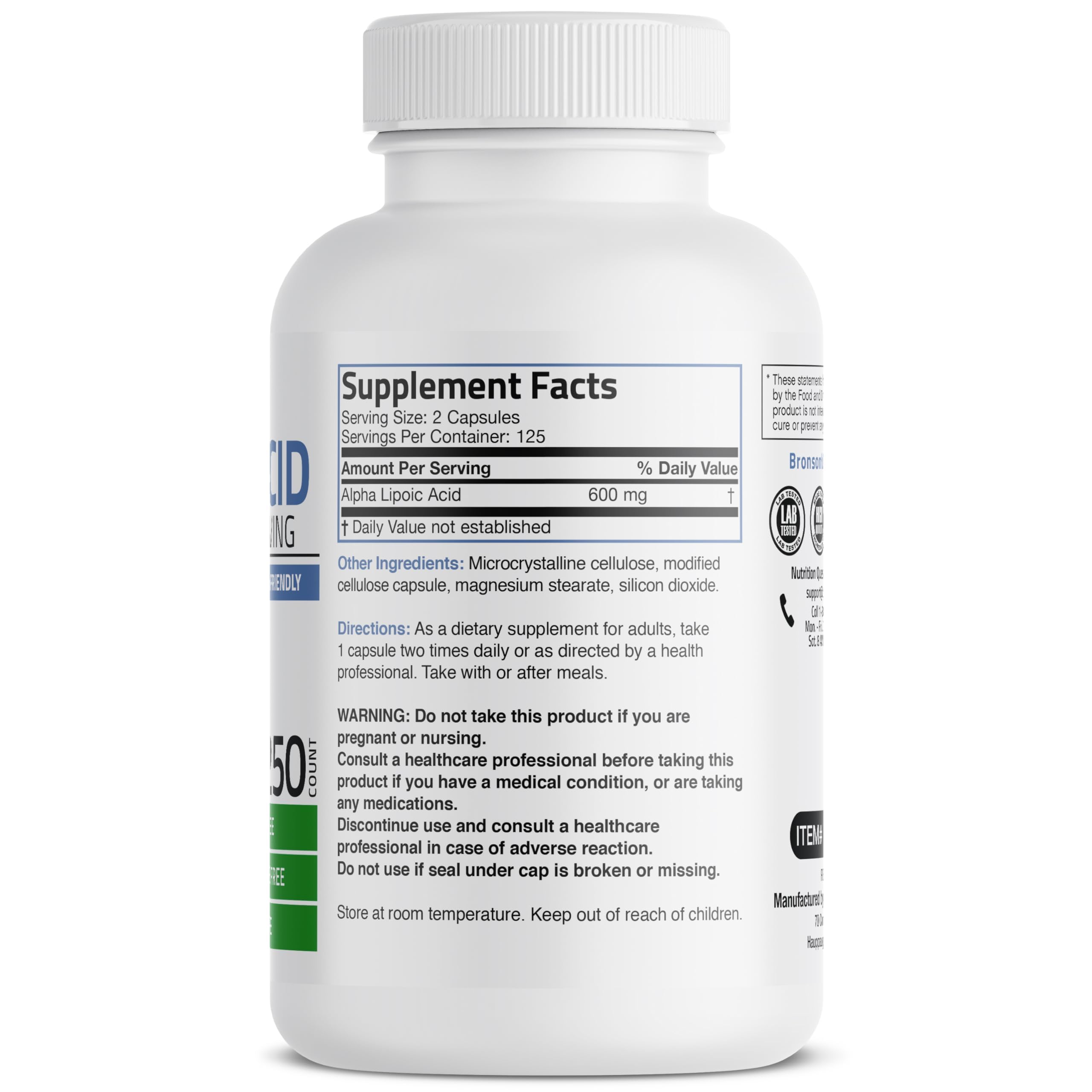 Foto 3 pulgar | Suplemento De Ácido Alfa Lipoico De Bronson 600 Mg 250 Cápsulas - Venta Internacional.