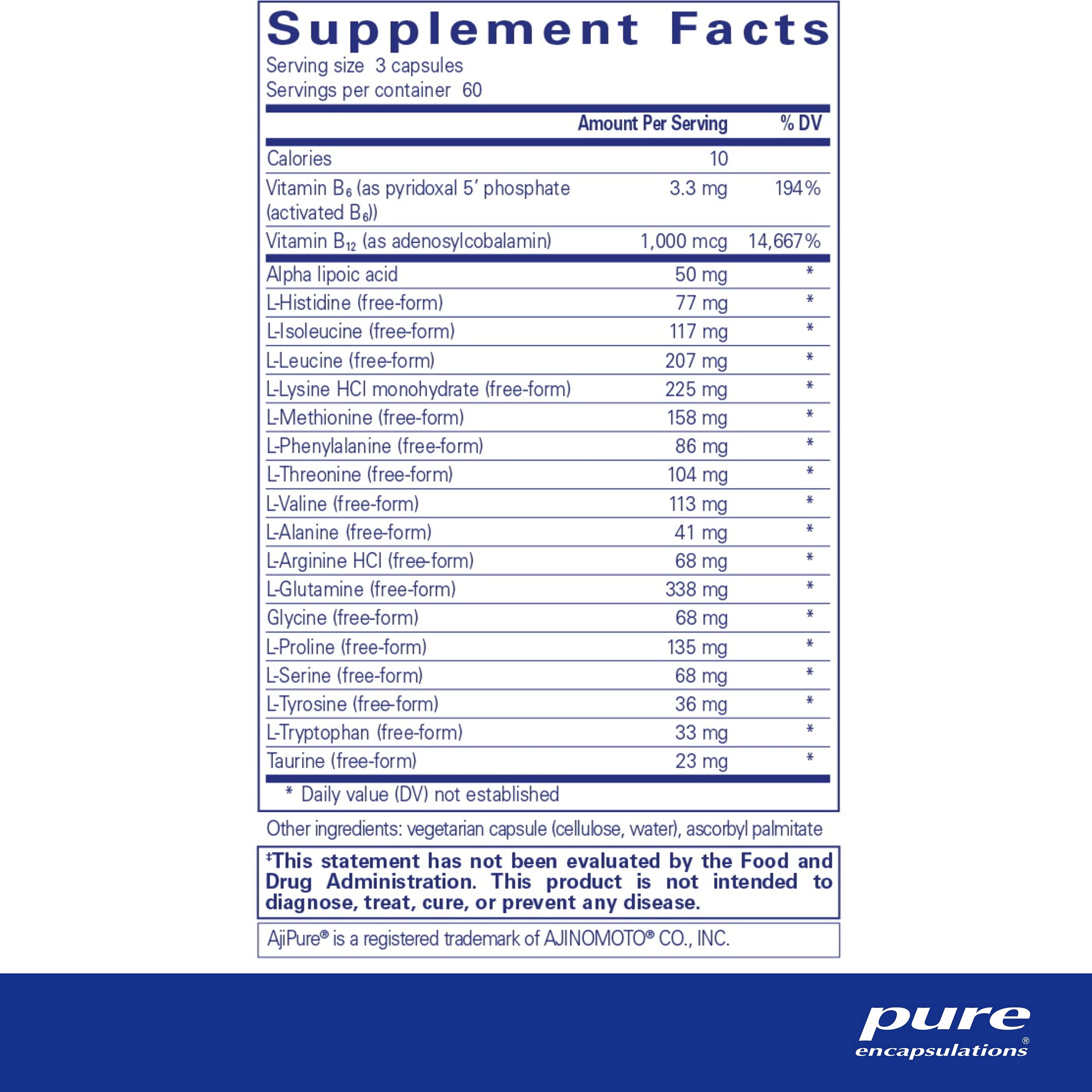 Foto 3 pulgar | Suplemento Pure Encapsulations Amino-nr 180 Cápsulas - Venta Internacional.