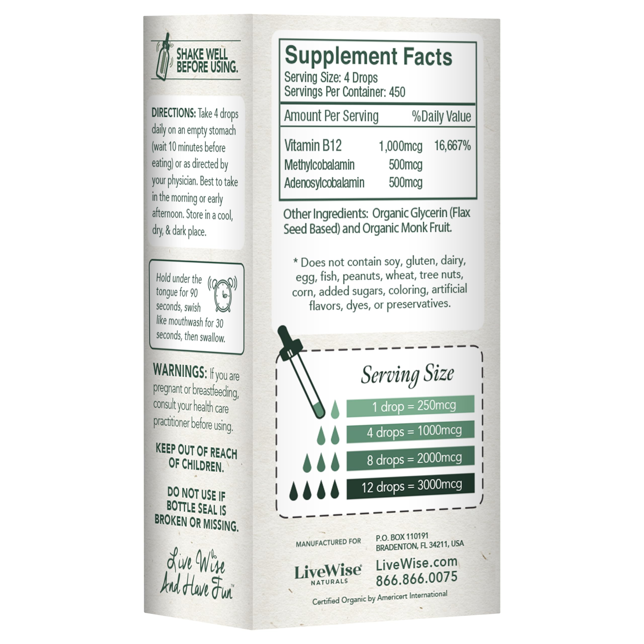 Foto 3 pulgar | Vitamina B12 Líquida Sublingual Vegana 2500 Mcg - Live Wise Naturals - Venta Internacional.