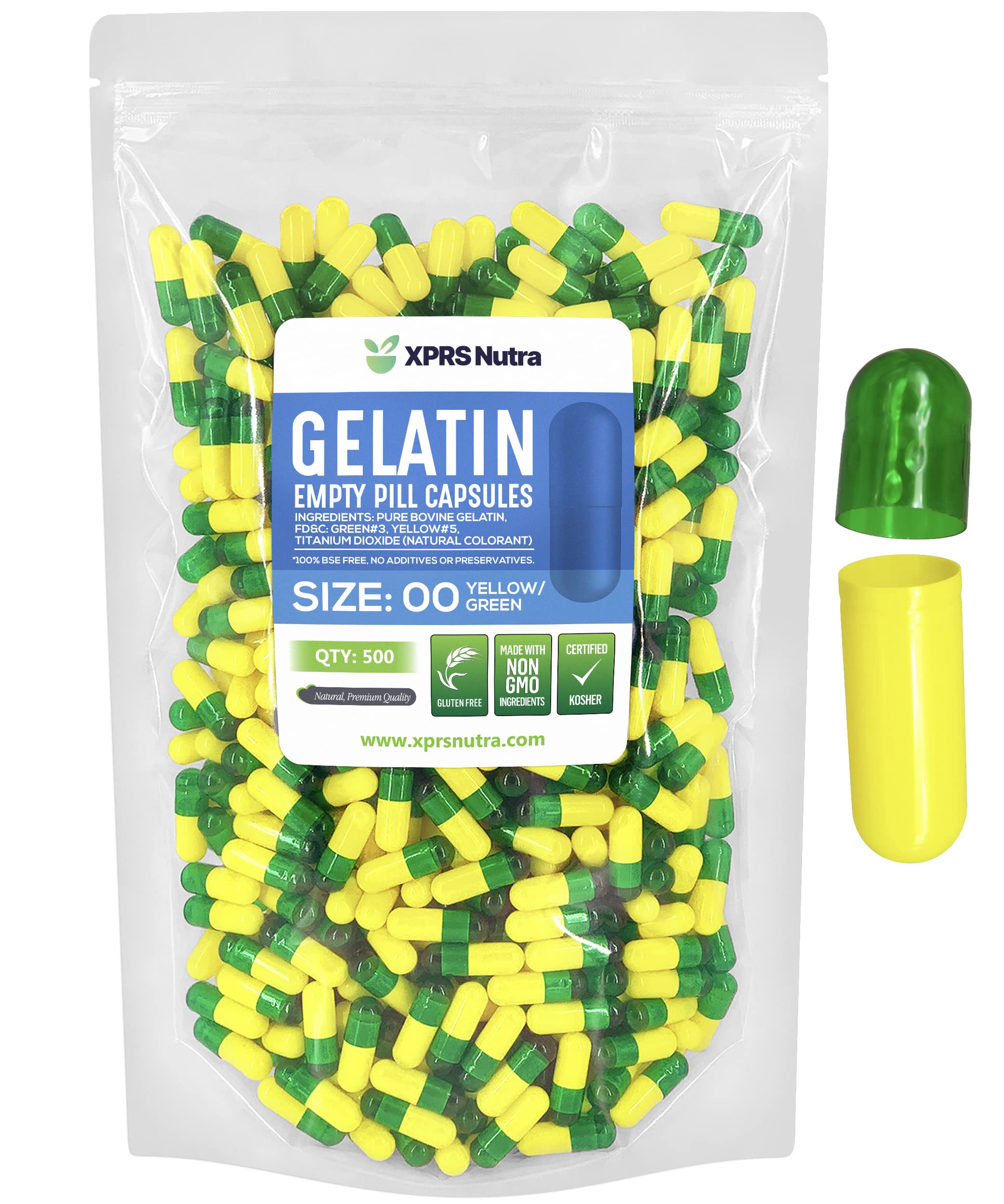 Cápsulas Vacías Xprs Nutra, Tamaño 00, 500 Unidades, Gelatina Verde/amarilla - Venta Internacional.