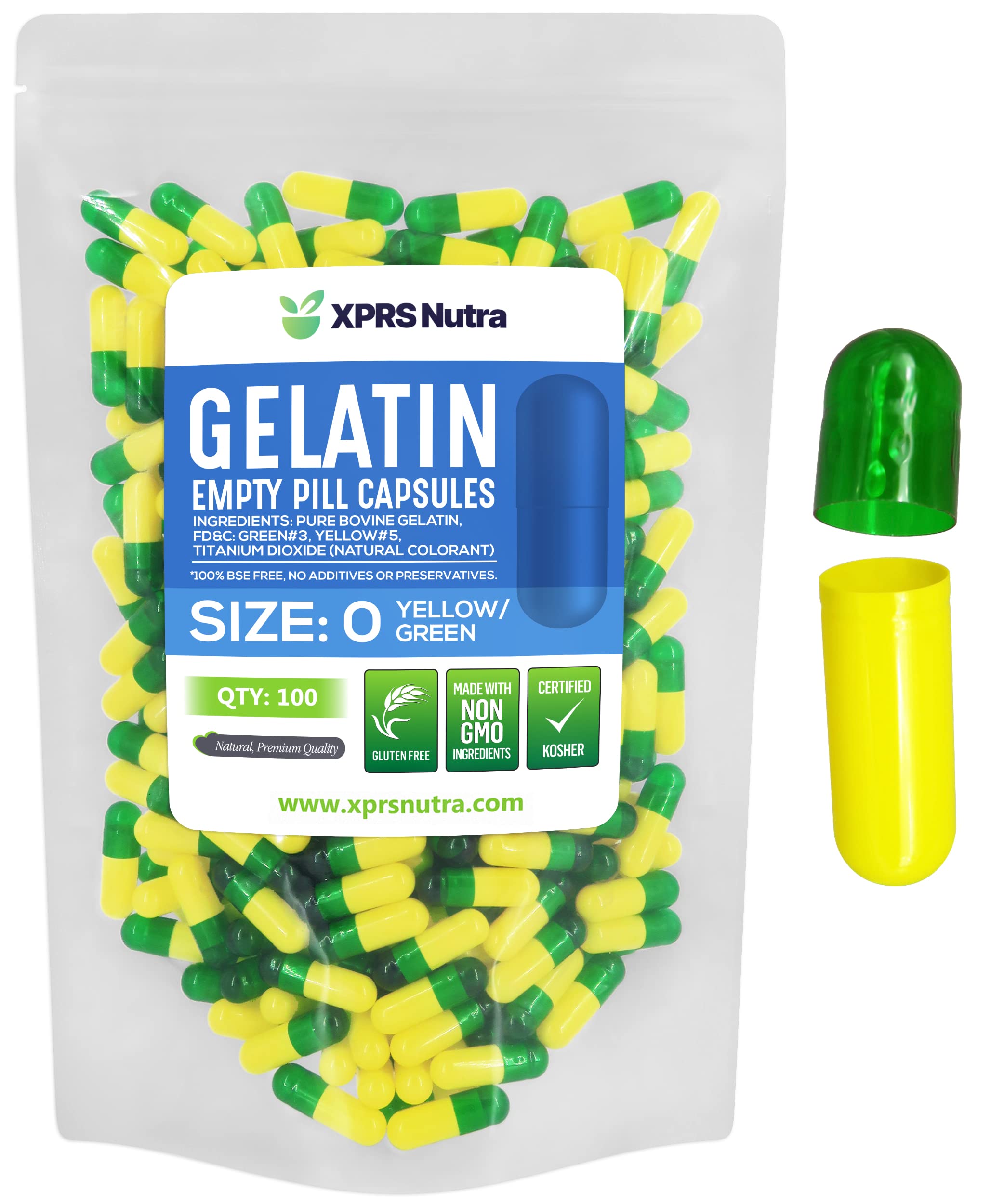Cápsulas Vacías Xprs Nutra, Tamaño 0 — 100 Unidades, Gelatina Verde/amarilla - Venta Internacional.