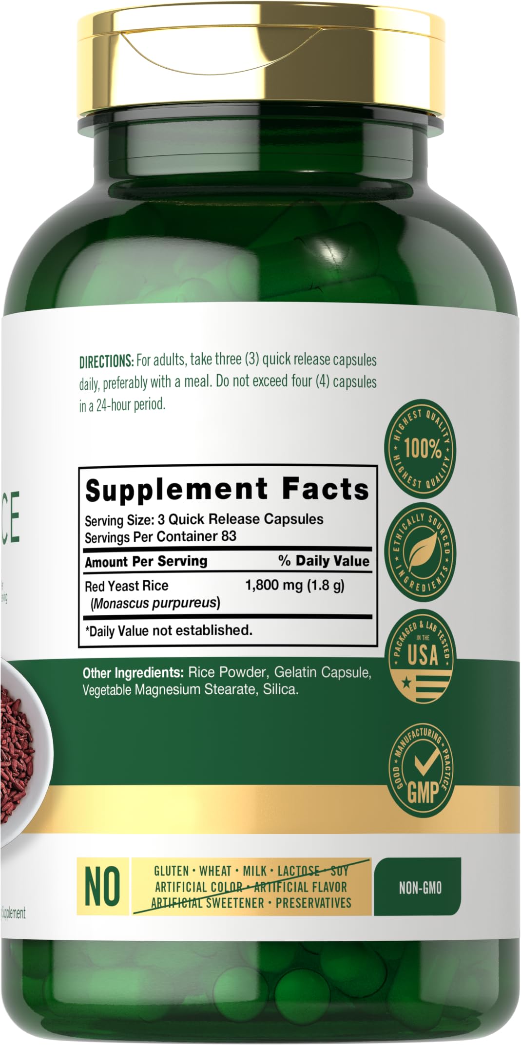 Foto 2 | Suplemento Carlyle Red Yeast Rice 250 Cápsulas Sin Ogm Y Sin Gluten - Venta Internacional.
