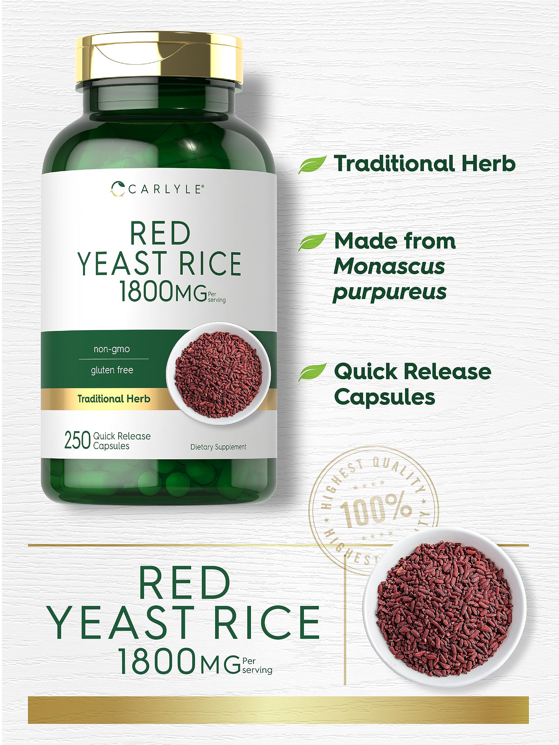 Foto 4 pulgar | Suplemento Carlyle Red Yeast Rice 250 Cápsulas Sin Ogm Y Sin Gluten - Venta Internacional.