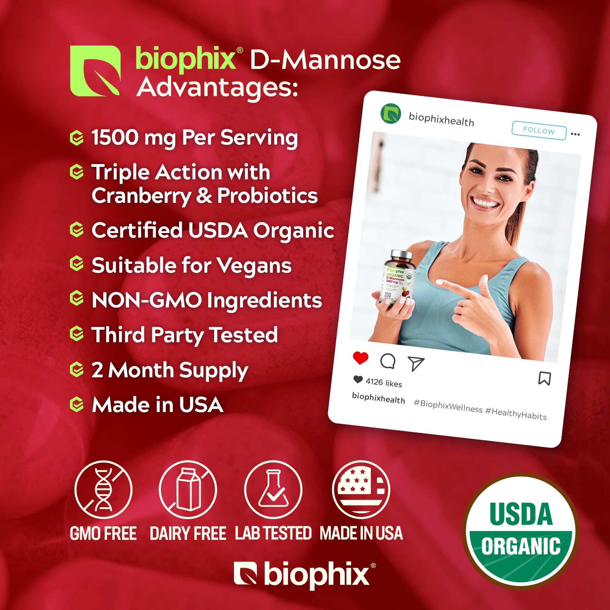 Foto 4 pulgar | Suplemento Biophix De D-manosa, 1500 Mg, 200 Cápsulas Vegetarianas, Orgánico - Venta Internacional.