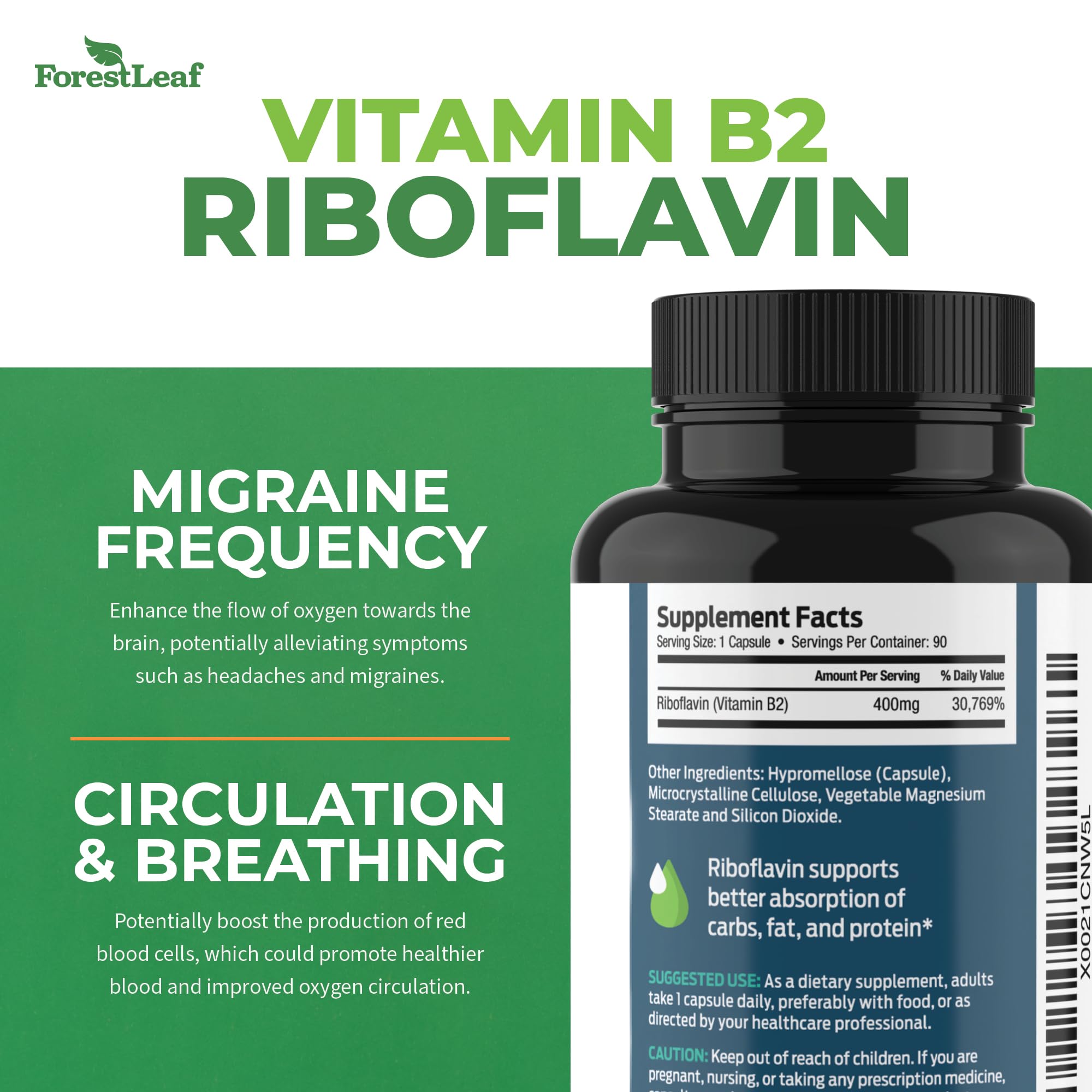 Foto 4 pulgar | Suplemento Forestleaf De Vitamina B2 Y Riboflavina, 400 Mg, 90 Cápsulas - Venta Internacional.